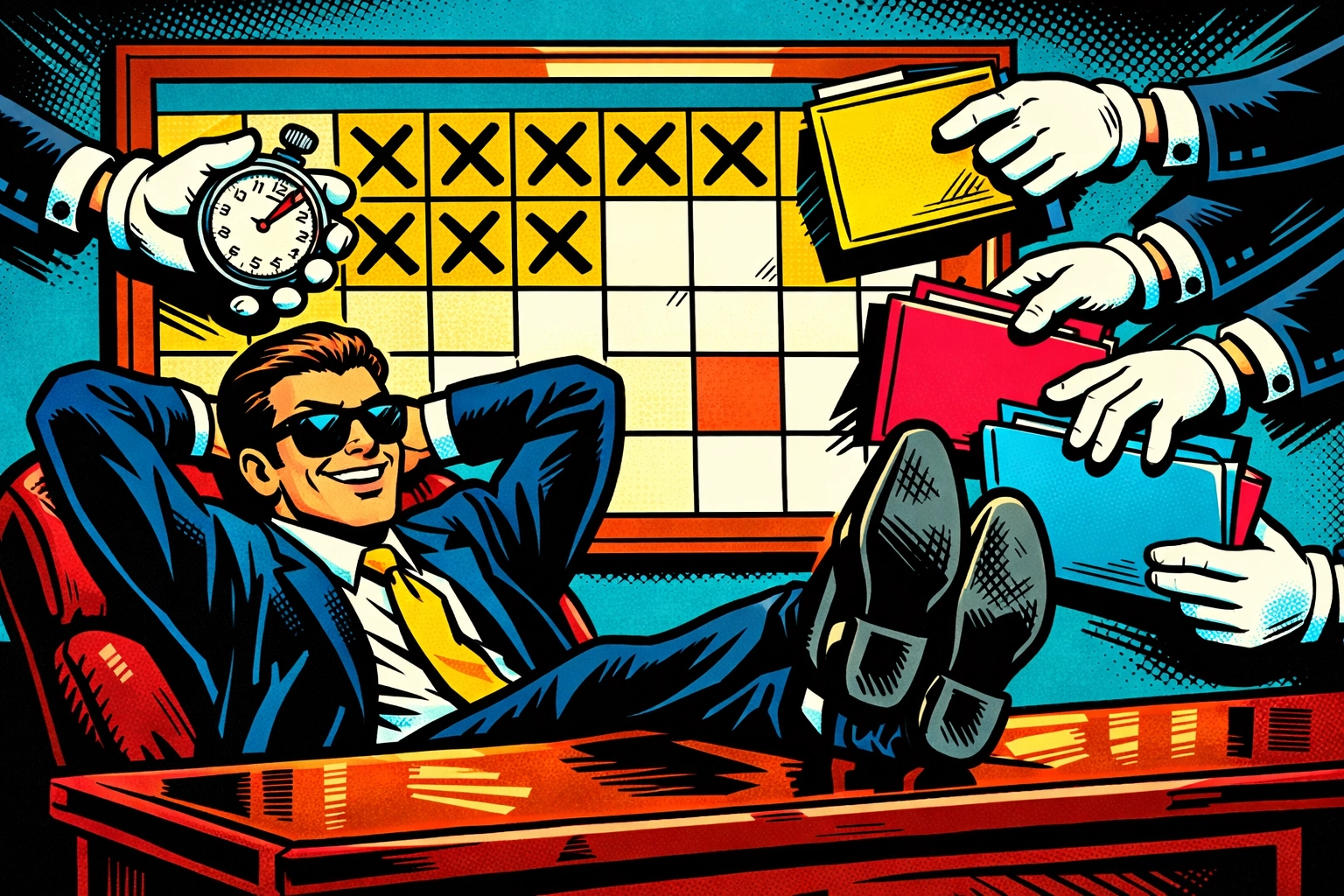 Relaxed business owner using an AI virtual assistant to automate scheduling and manage office tasks.