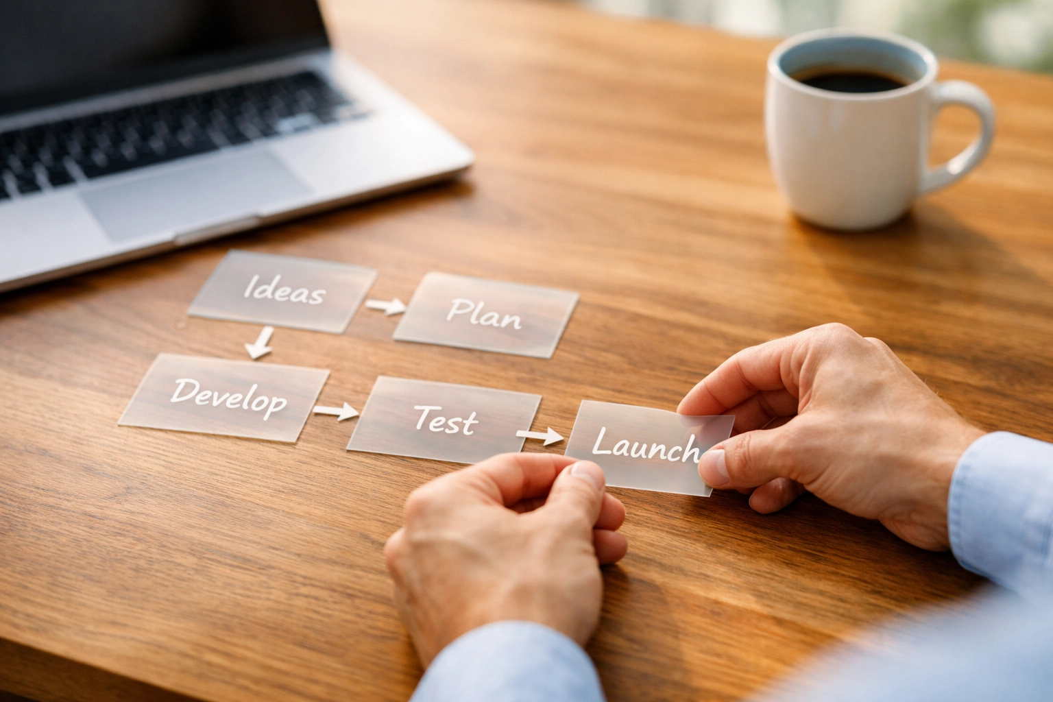 Entrepreneur mapping out a client onboarding journey using sticky notes on a modern desk.