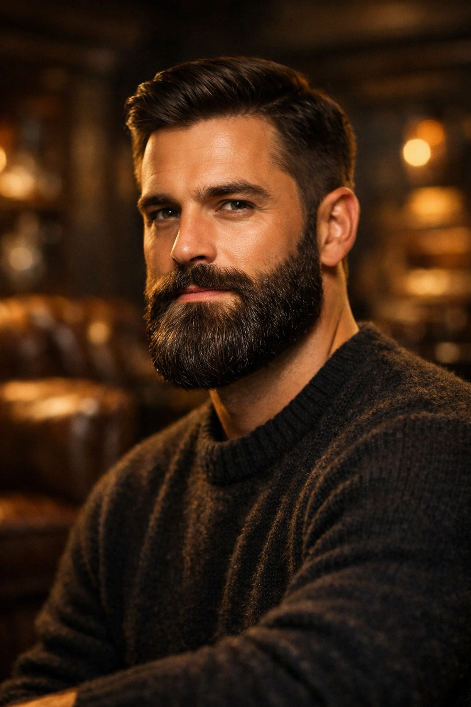 A man with a soft, perfectly groomed and healthy beard after applying premium beard care products.