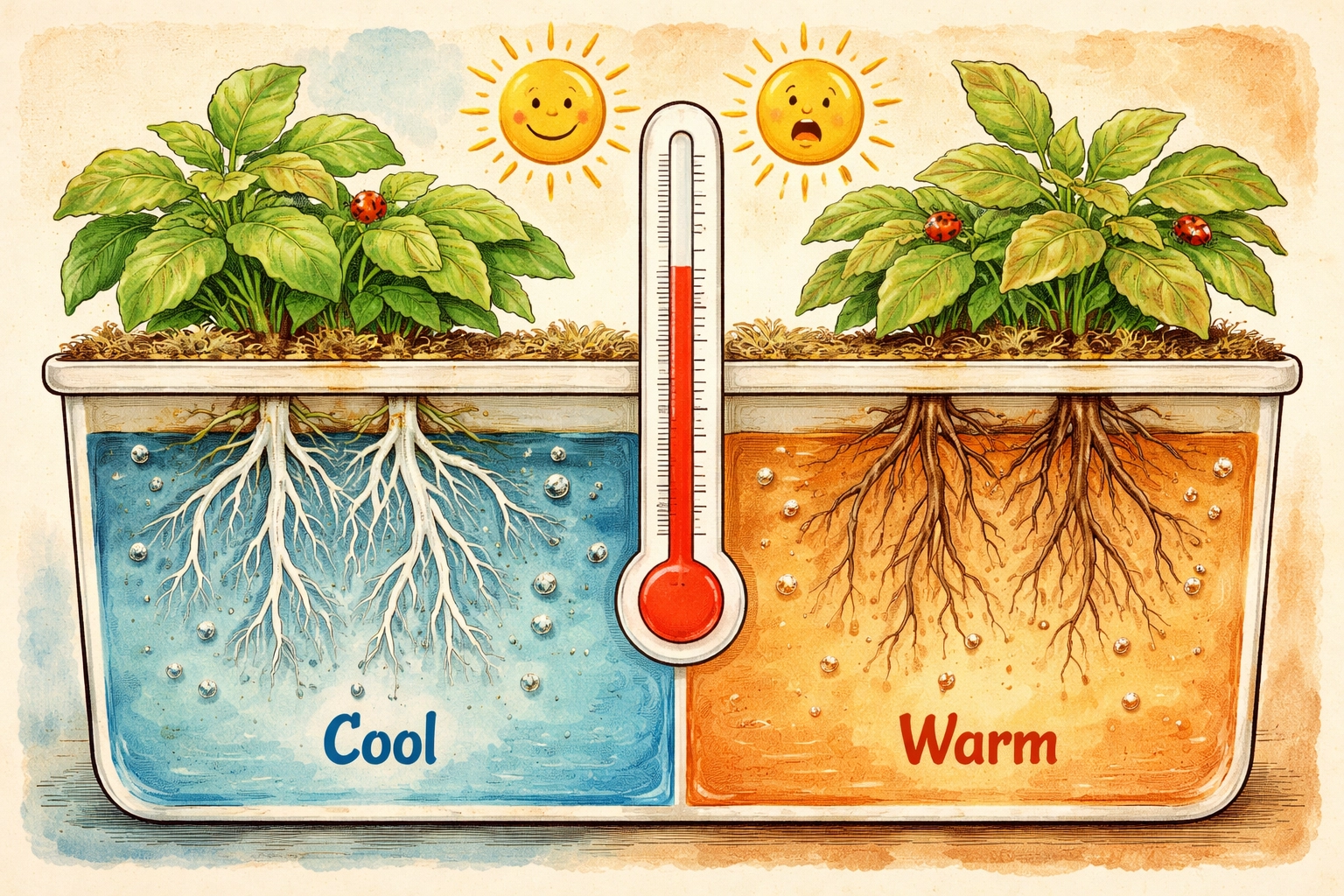 Hydroponic reservoir cross-section contrasting cool, oxygenated roots with warm, oxygen-deprived roots.
