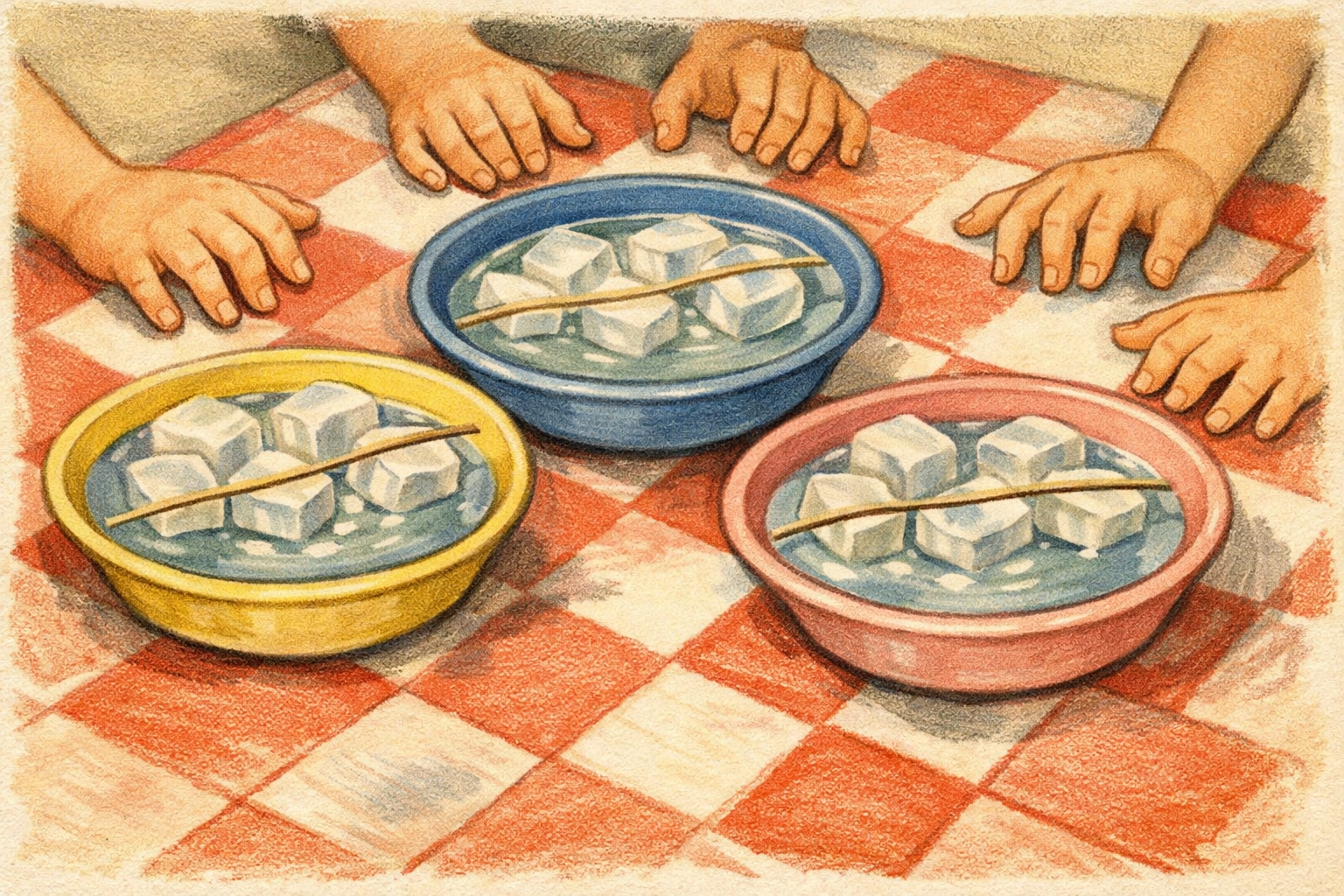 Three bowls set up for ice fishing race showing kids ready to test salt experiment