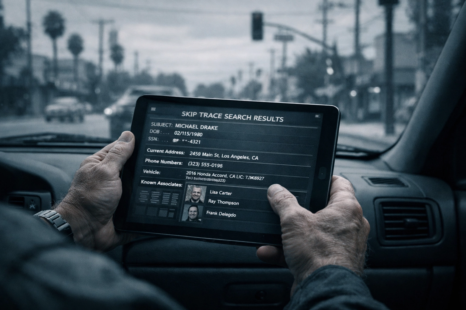 Private investigator conducting skip-tracing fieldwork in Southern California