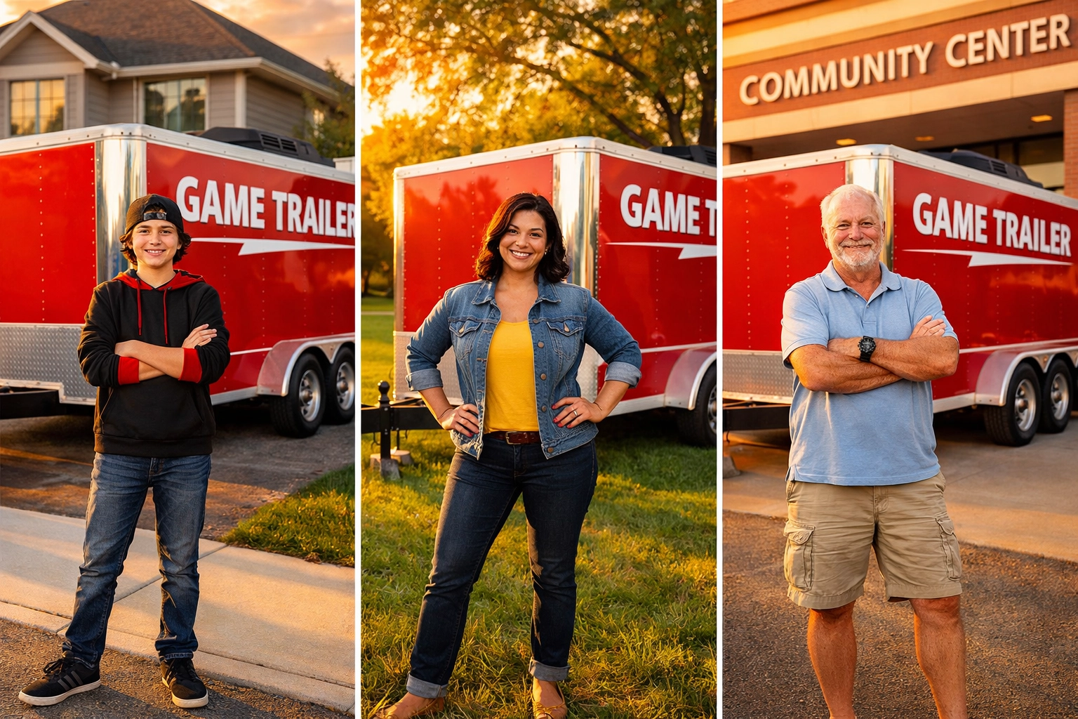 Diverse mobile gaming trailer business owners from teens to retirees