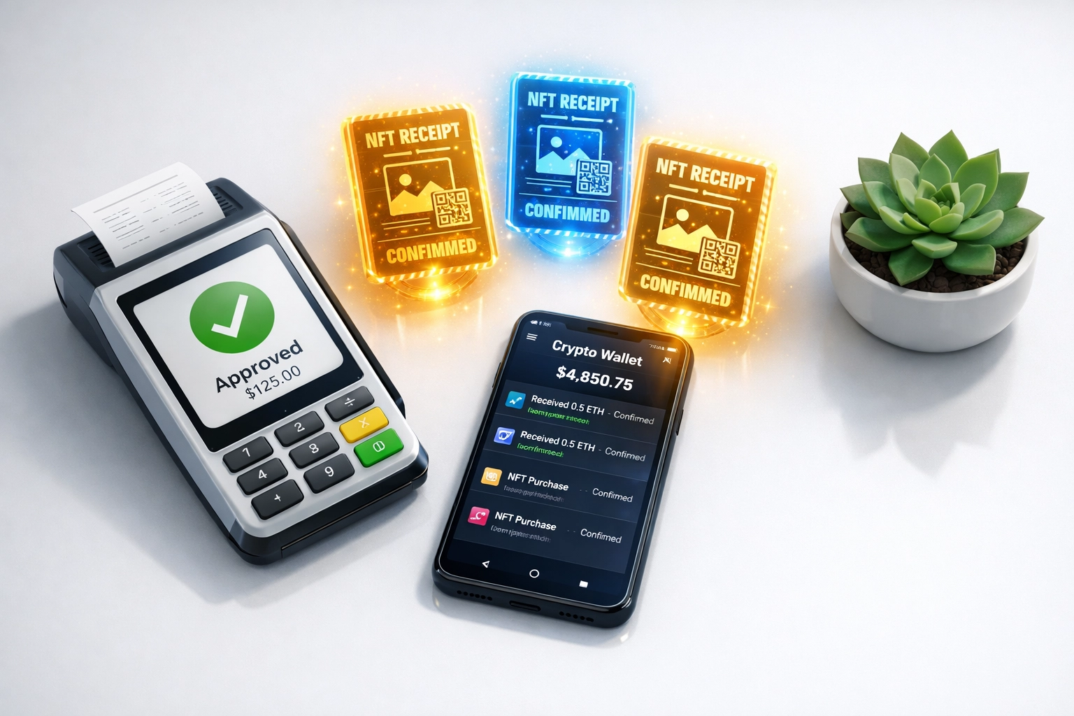Modern merchant point-of-sale terminal with crypto wallet and NFT receipt tokens for self-custody payments