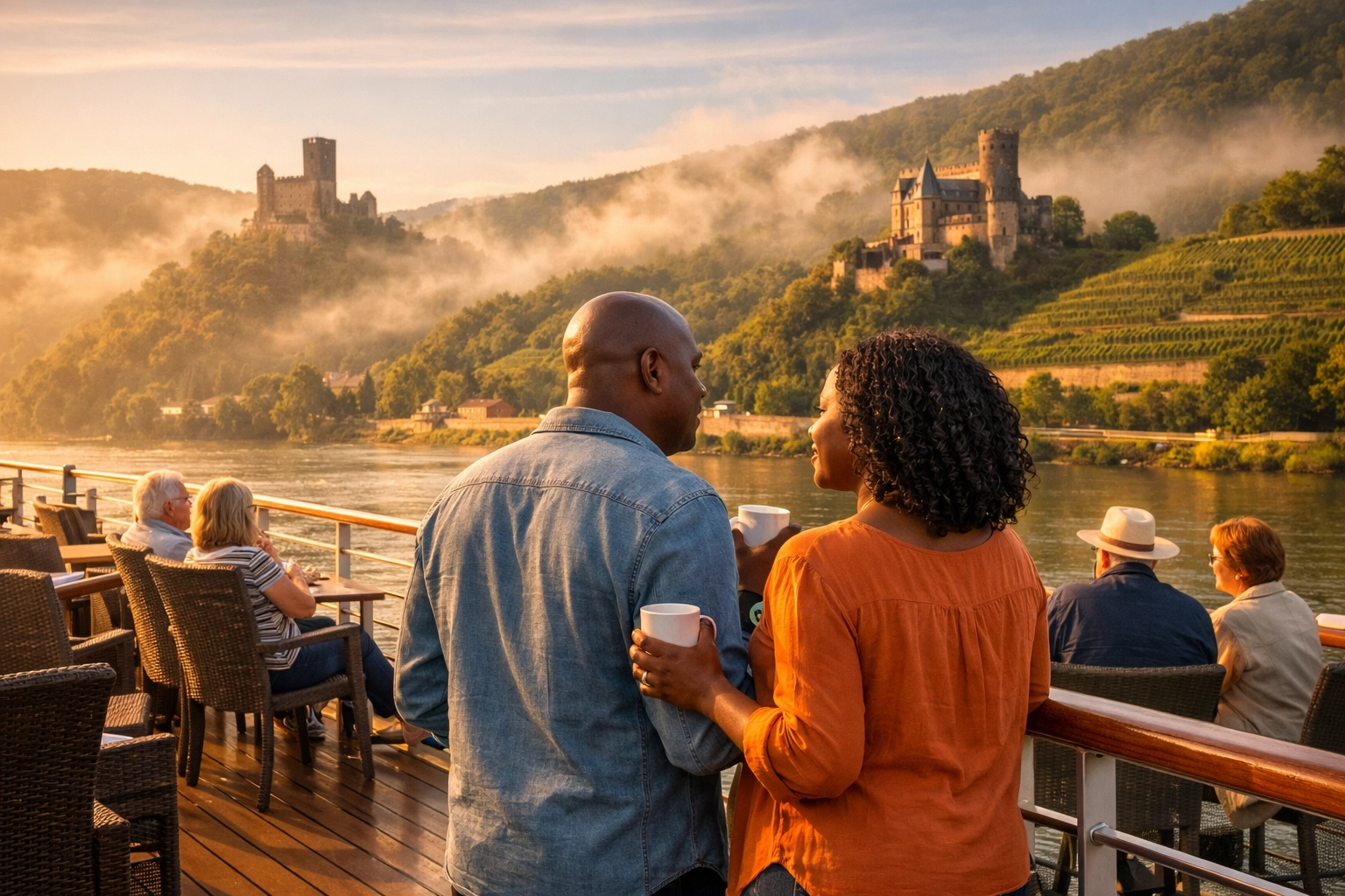 Travelers enjoying morning coffee on European river cruise deck overlooking Rhine castles and vineyards
