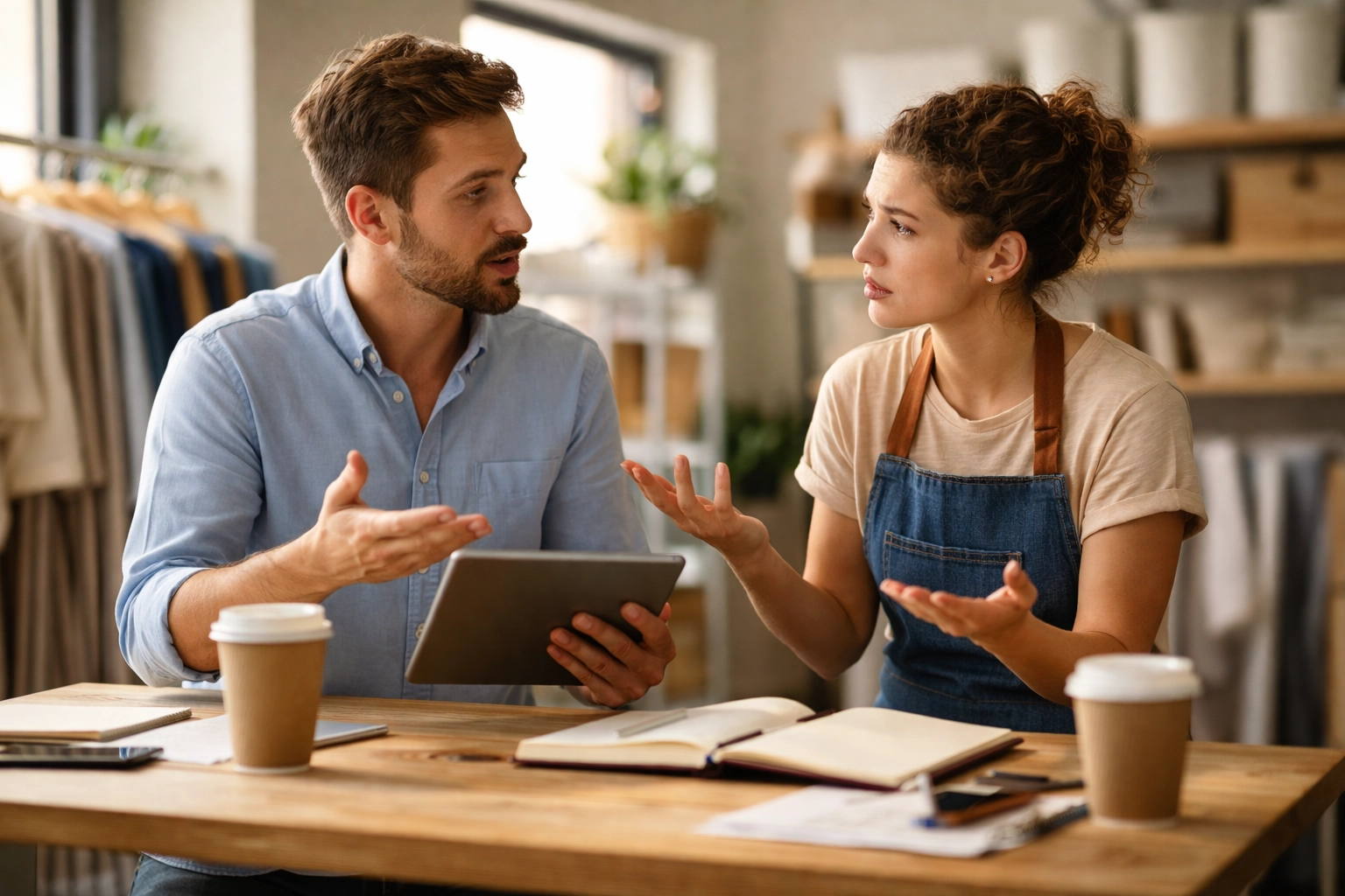 Two small business team members discussing lead management and sales alignment in a modern retail workspace.