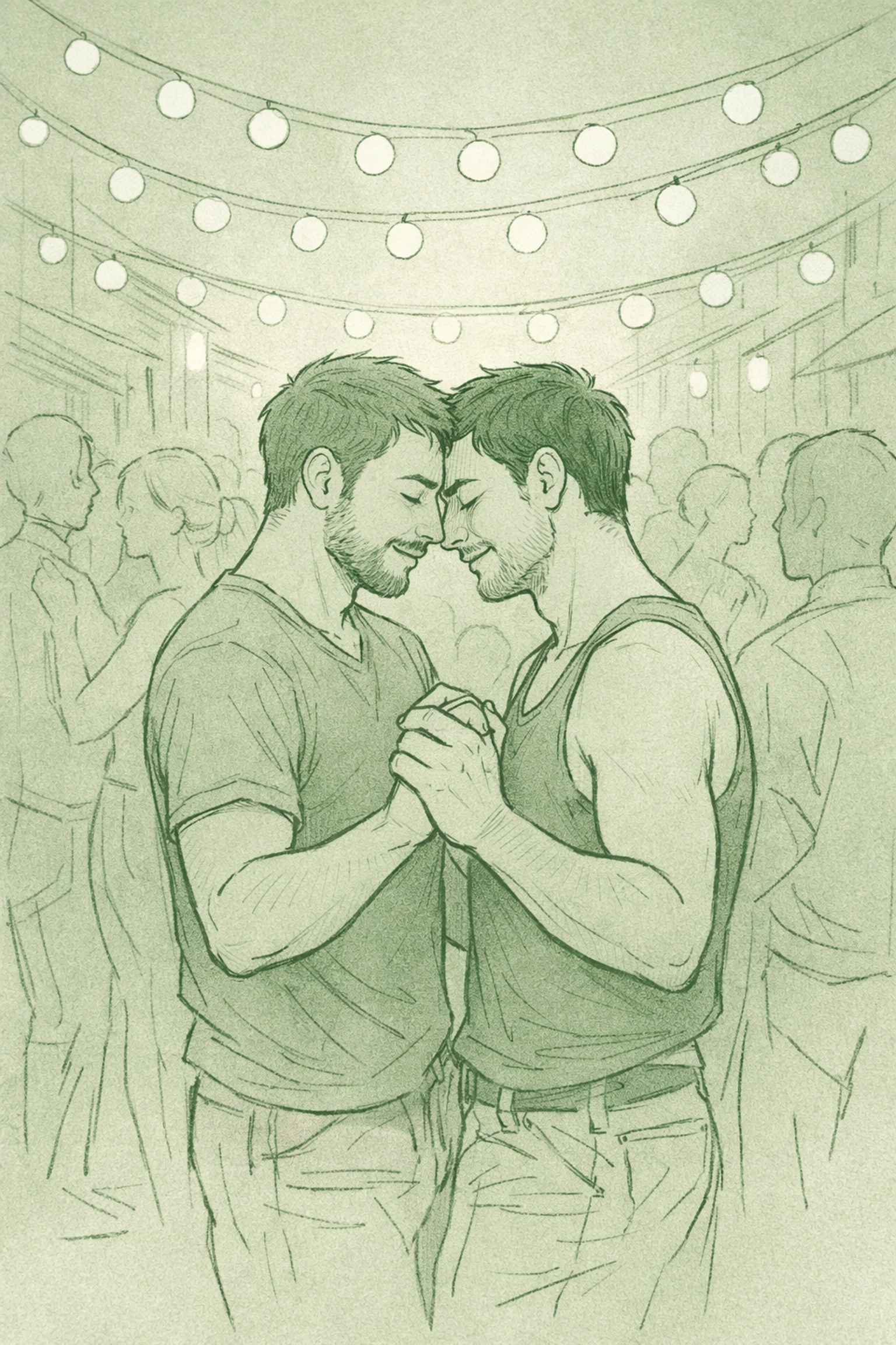 MM couple dancing close at Rio street samba celebration - passionate gay romance moment