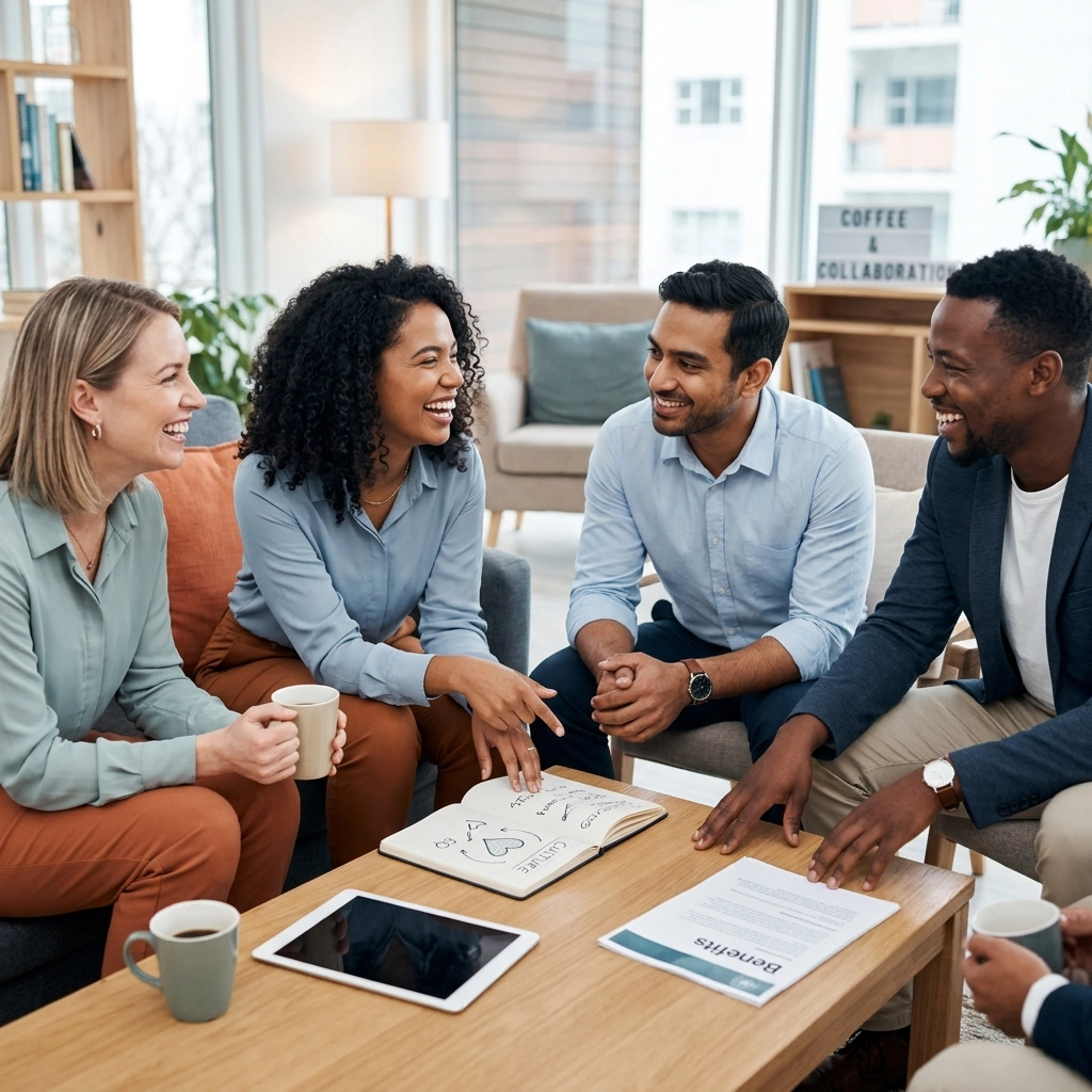 Executive leadership team discussing benefit culture, emotional intelligence, and executive retention strategies in a modern office.