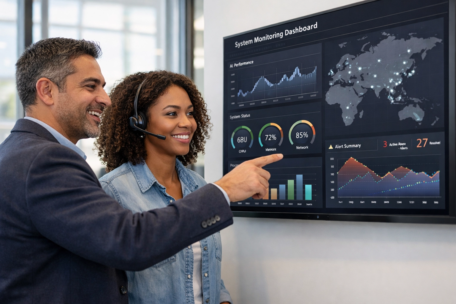 IT professionals analyze autonomous resolution metrics on a ServiceNow Agentic AI dashboard.