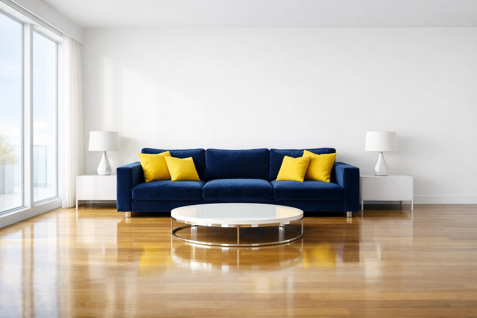 A minimalist, clutter-free luxury living room illustrating mental clarity from bi-weekly house cleaning.