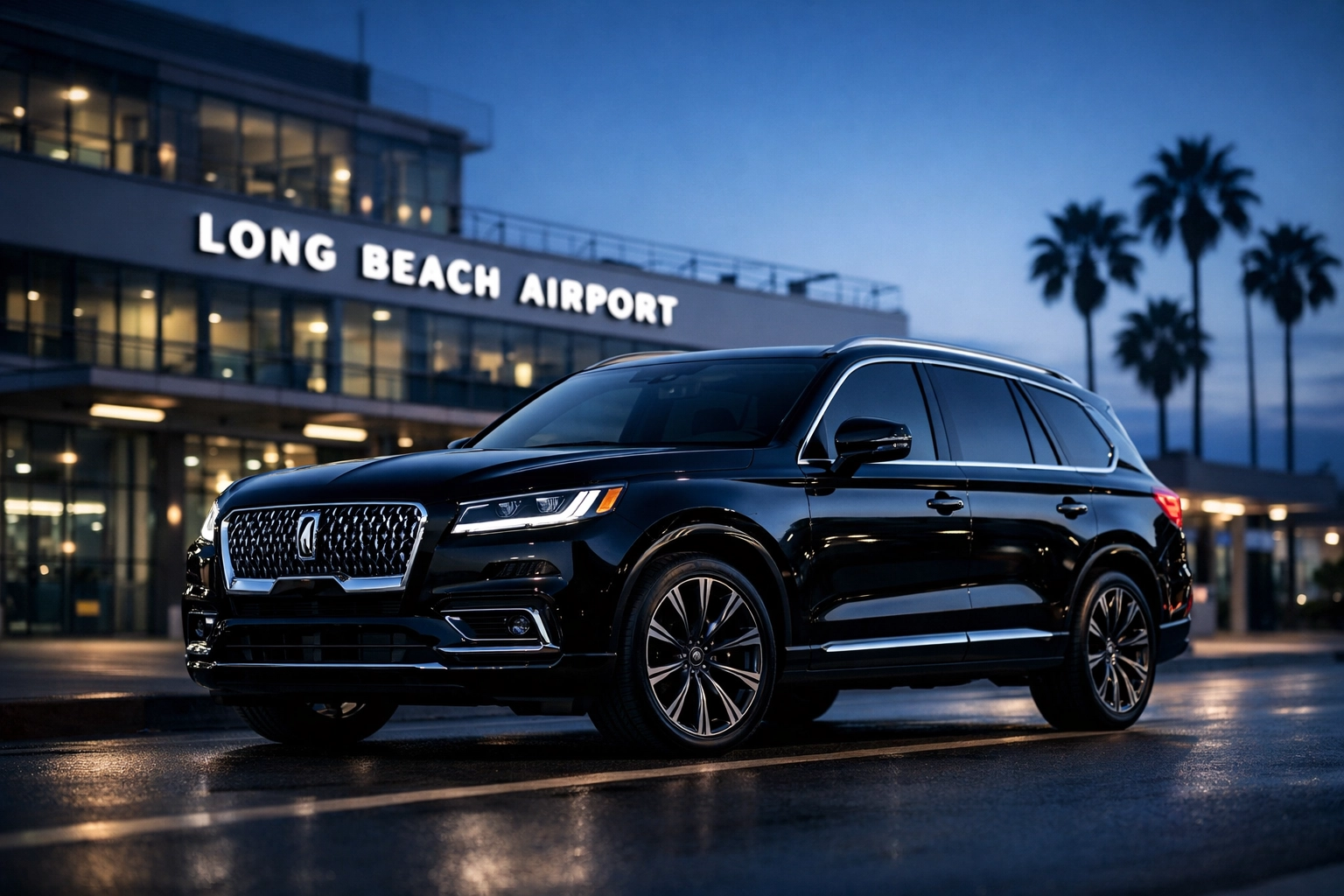 Executive black car service SUV parked at Long Beach Airport LGB for premium airport transfers.