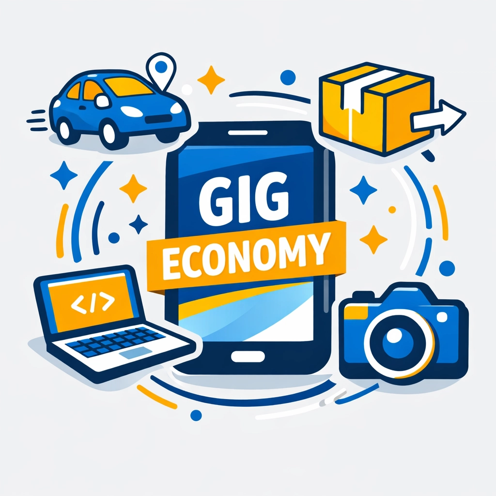 Smartphone with gig economy icons representing side hustle income and 1099 tax reporting.