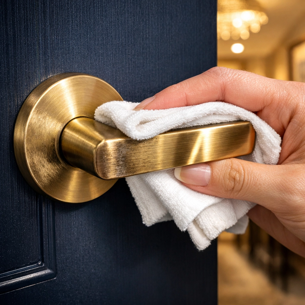 Ninja-style Lowell home cleaning focusing on high-touch door handles for a sanitized residence.