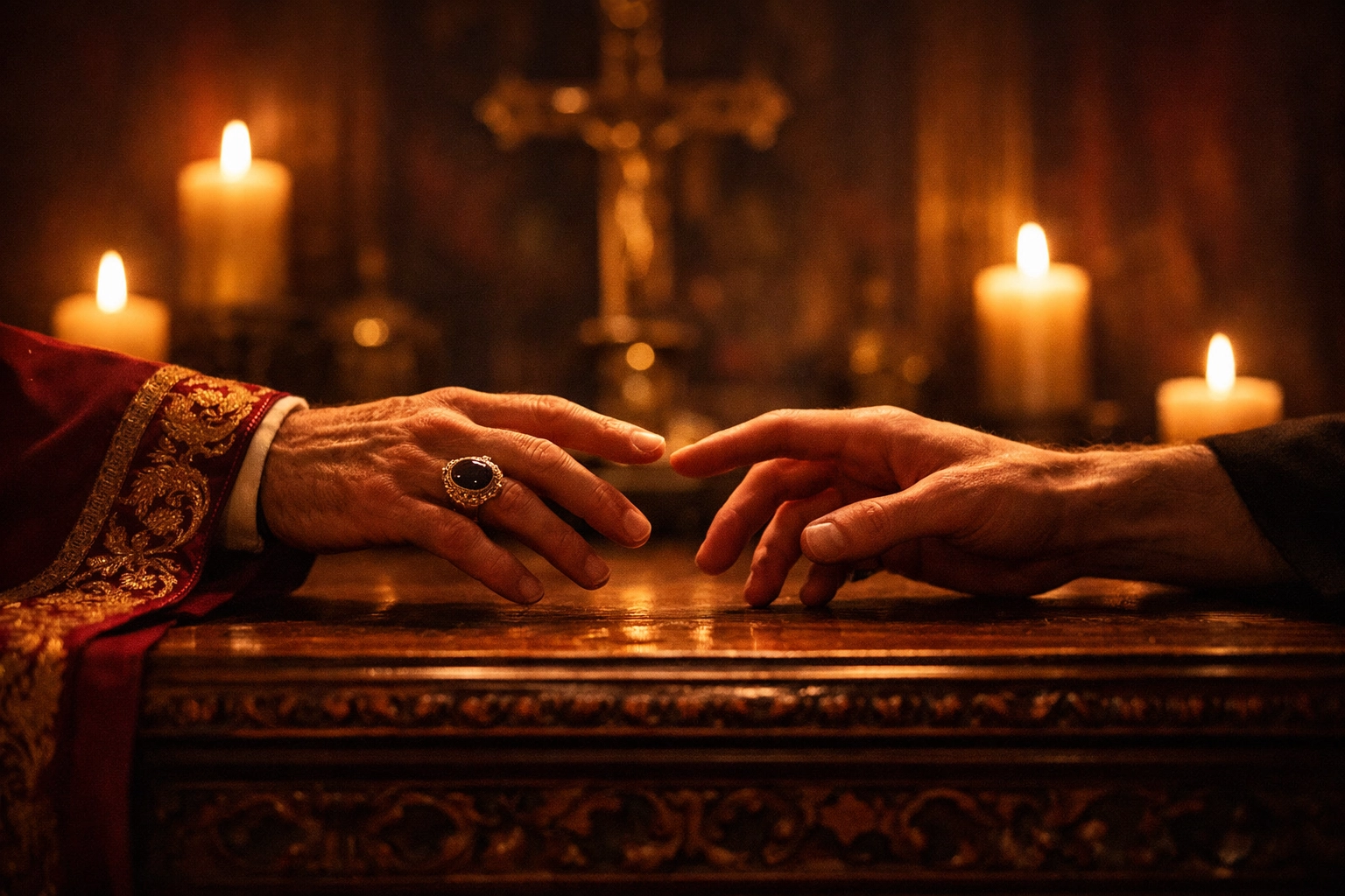 Gay bishop and another man's hands nearly touching across church altar in secret