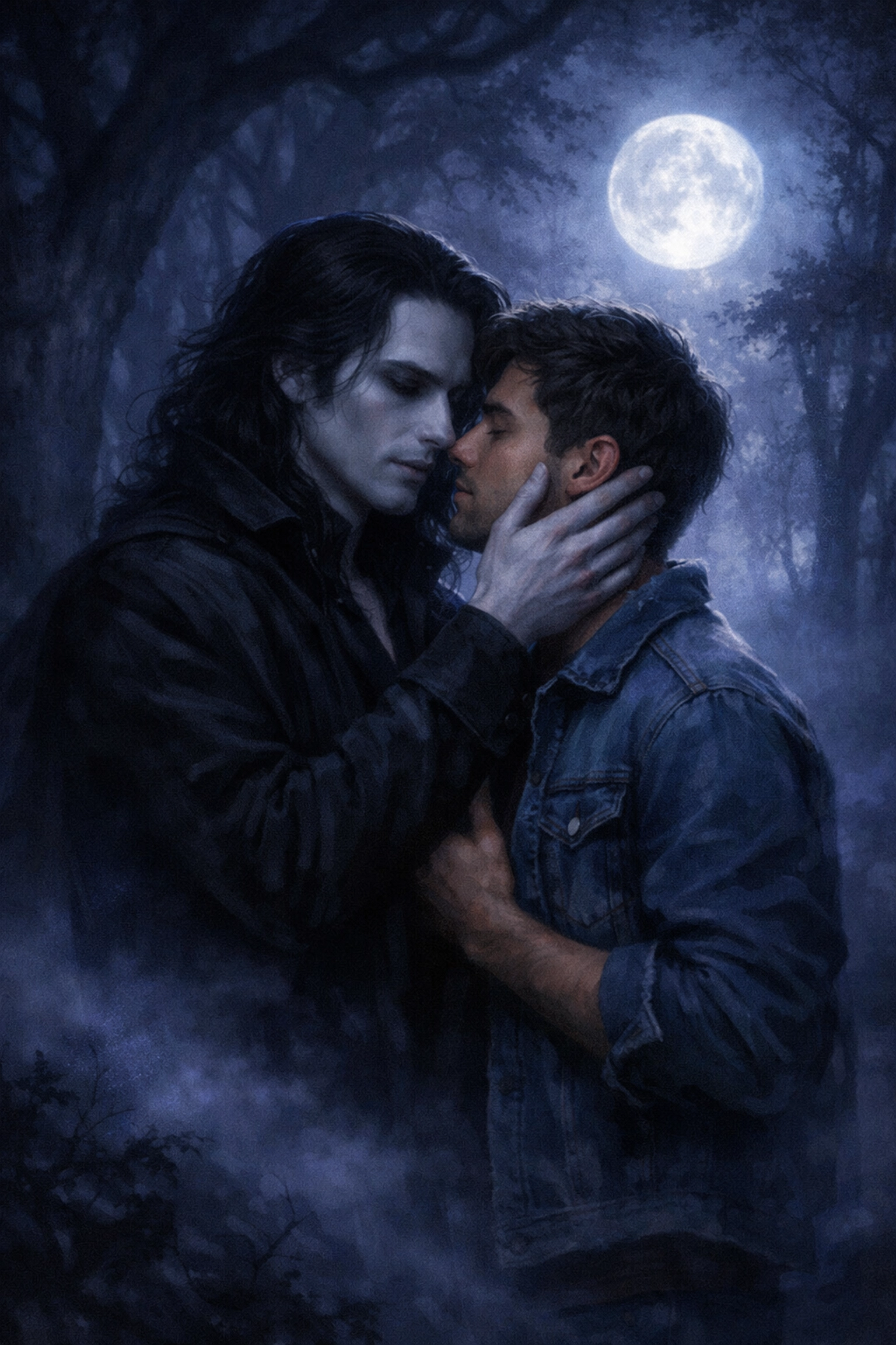 Two men embrace in moonlit forest - immortal and mortal lovers in paranormal MM romance