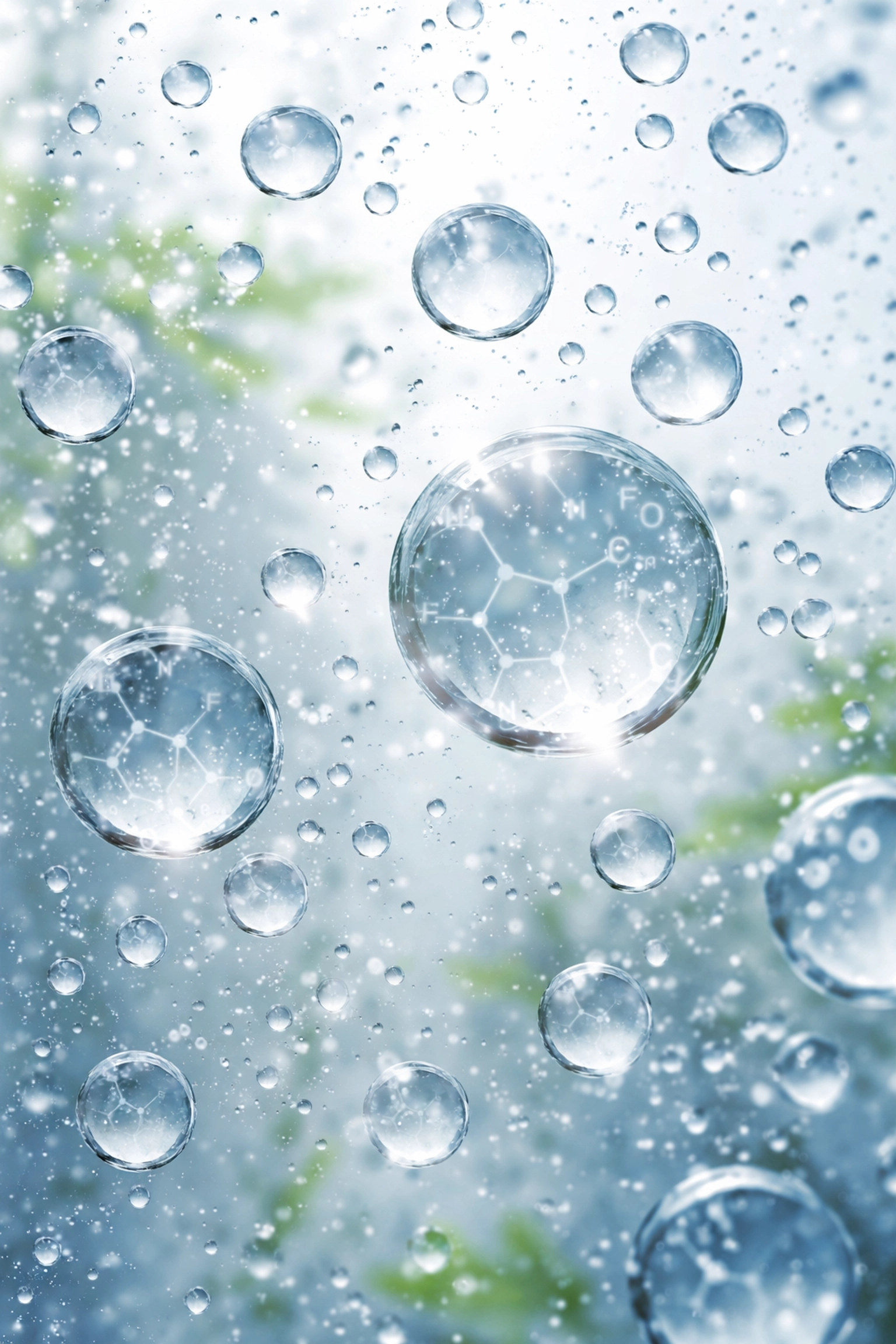Close-up of water droplets with a molecular structure, illustrating PFAS contamination in tap water for gardens.
