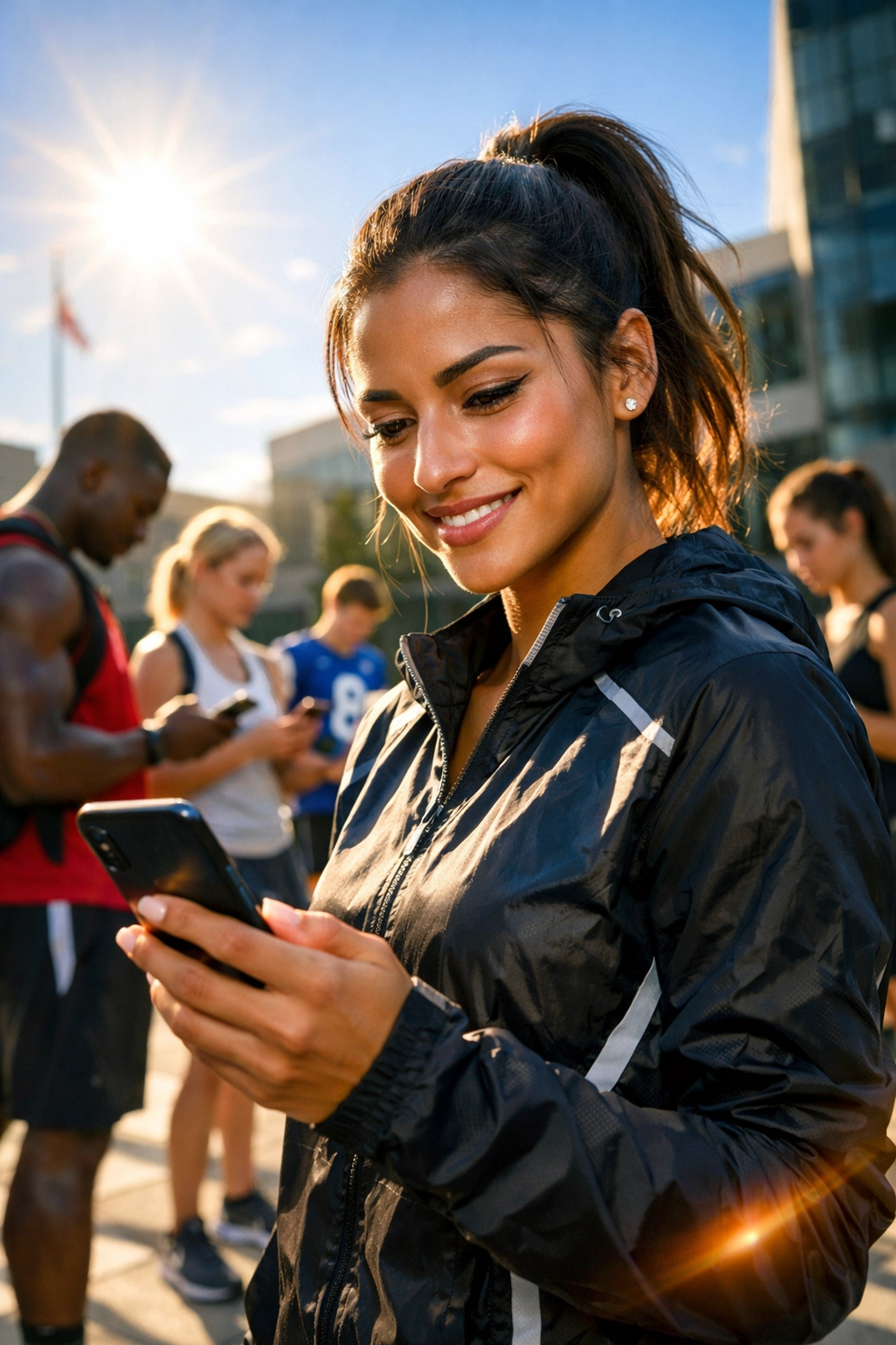 Student-athletes on a university campus using mobile devices to engage in digital NIL marketing campaigns.