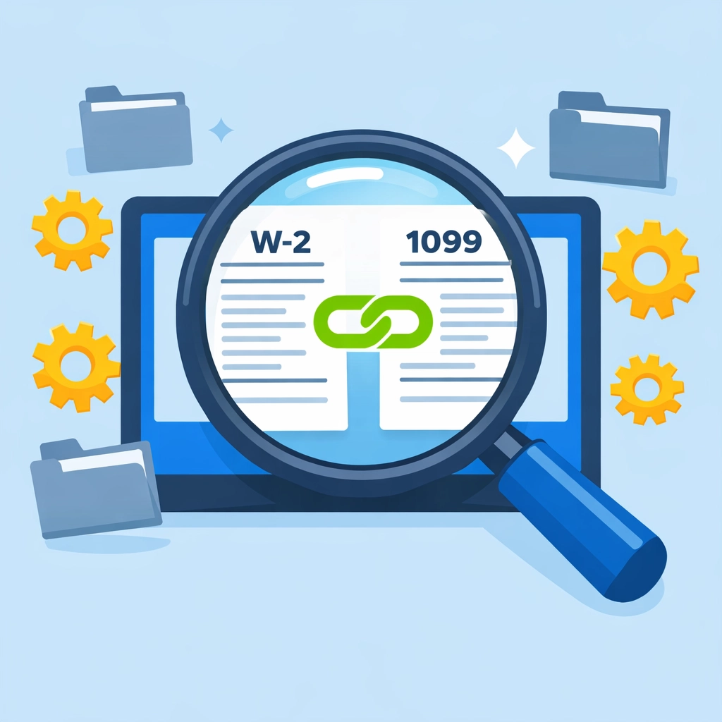 Comparing W-2 and 1099 forms on a tablet for accurate tax preparation in New Haven.