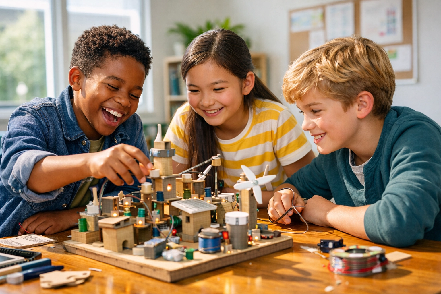 5th-grade students at ILIM School collaborating on an engineering project in a modern, sun-drenched classroom.