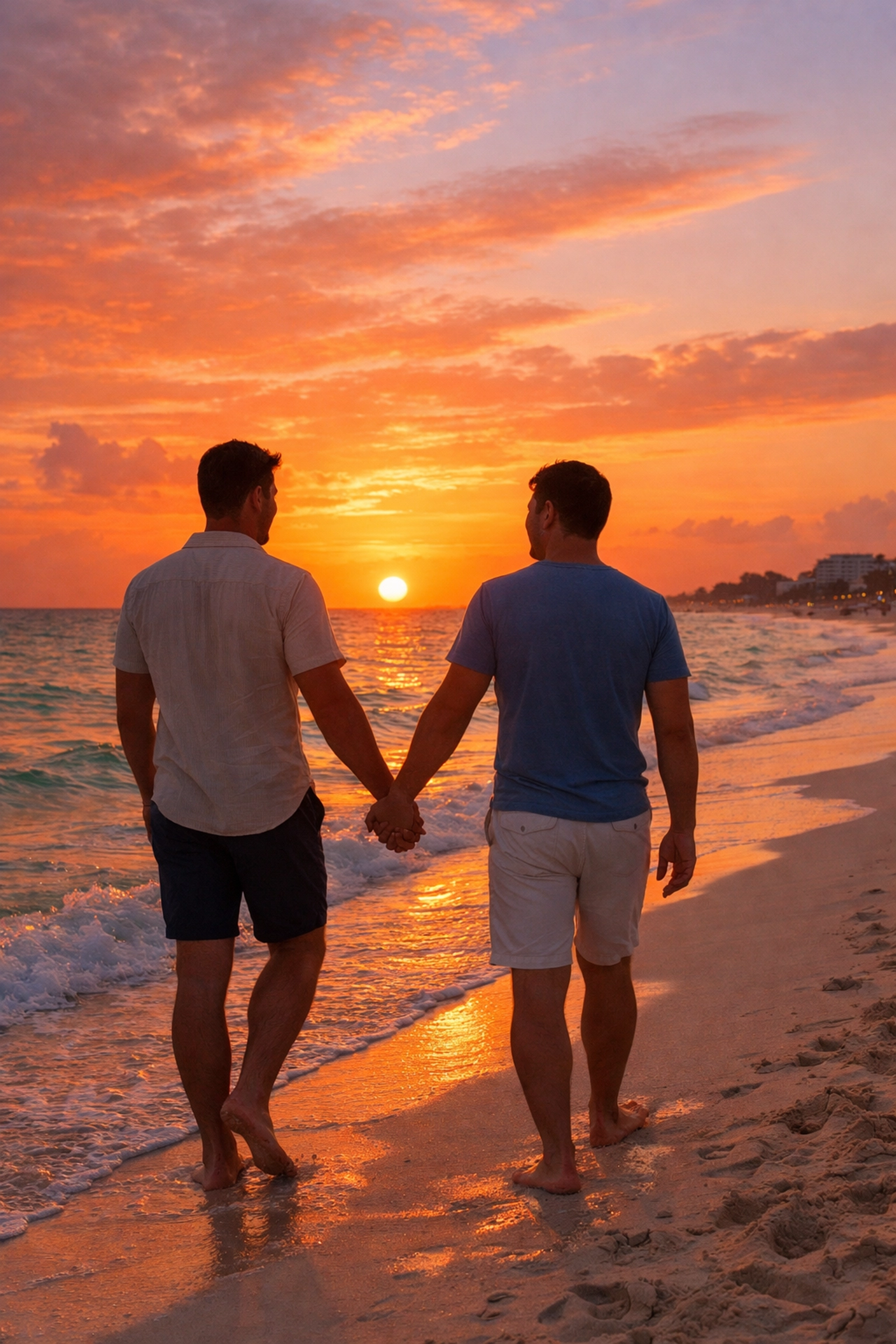 Gay couple holding hands during romantic sunset walk on Cancun beach