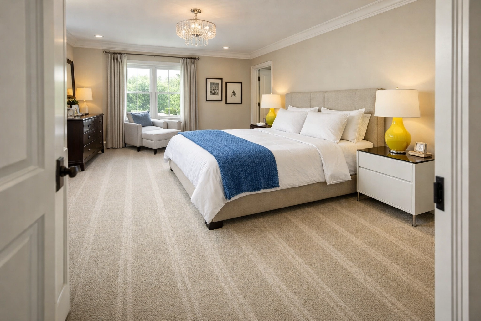 A serene master bedroom in Fitchburg with perfect vacuum lines, showing the peace of mind from a deep clean.