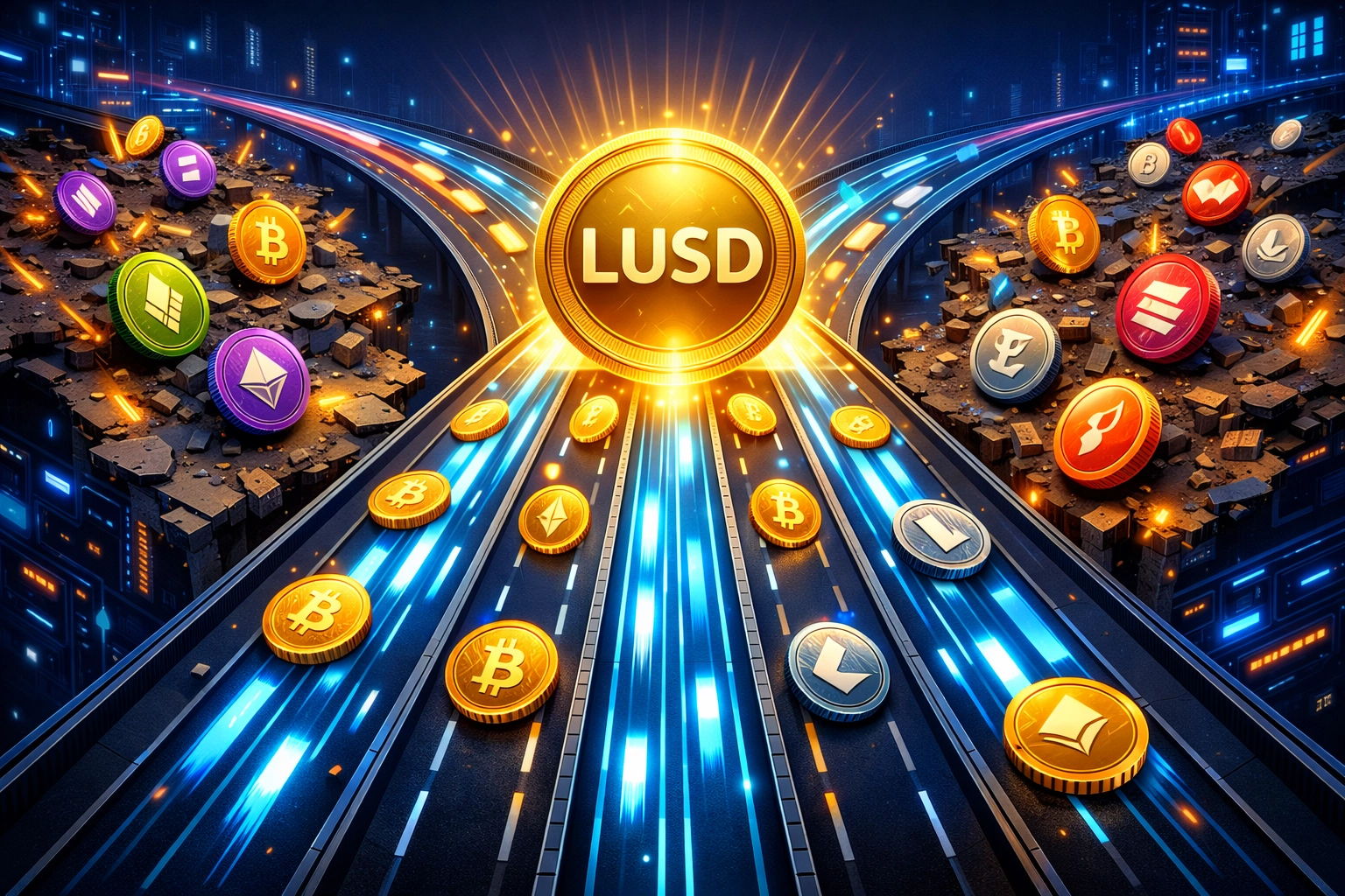 Cryptocurrency flowing into LUSD stablecoin representing stable merchant payment settlements