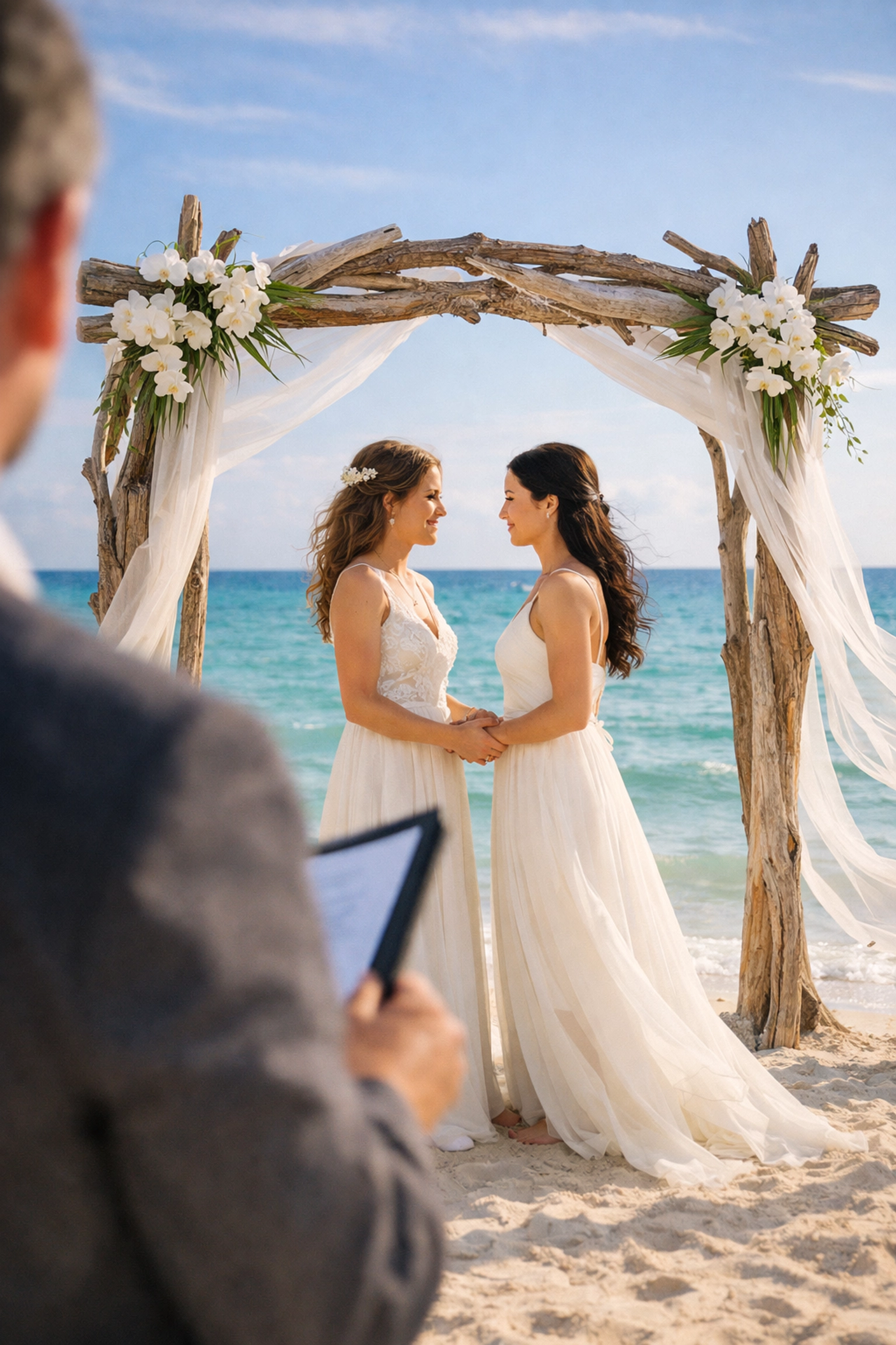 Two brides exchanging vows at Key West beach wedding ceremony with ocean views