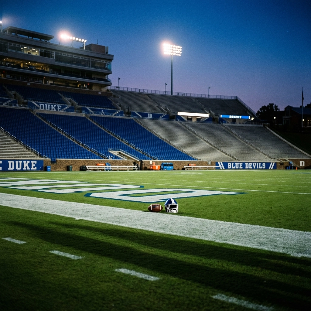 Empty Duke football stadium at dusk under glowing lights, symbolizing transfer portal drama