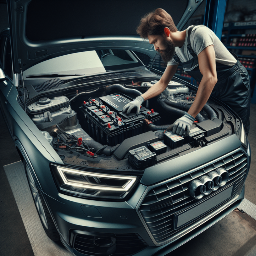 Technician performing maintenance under the hood of a late-model Audi