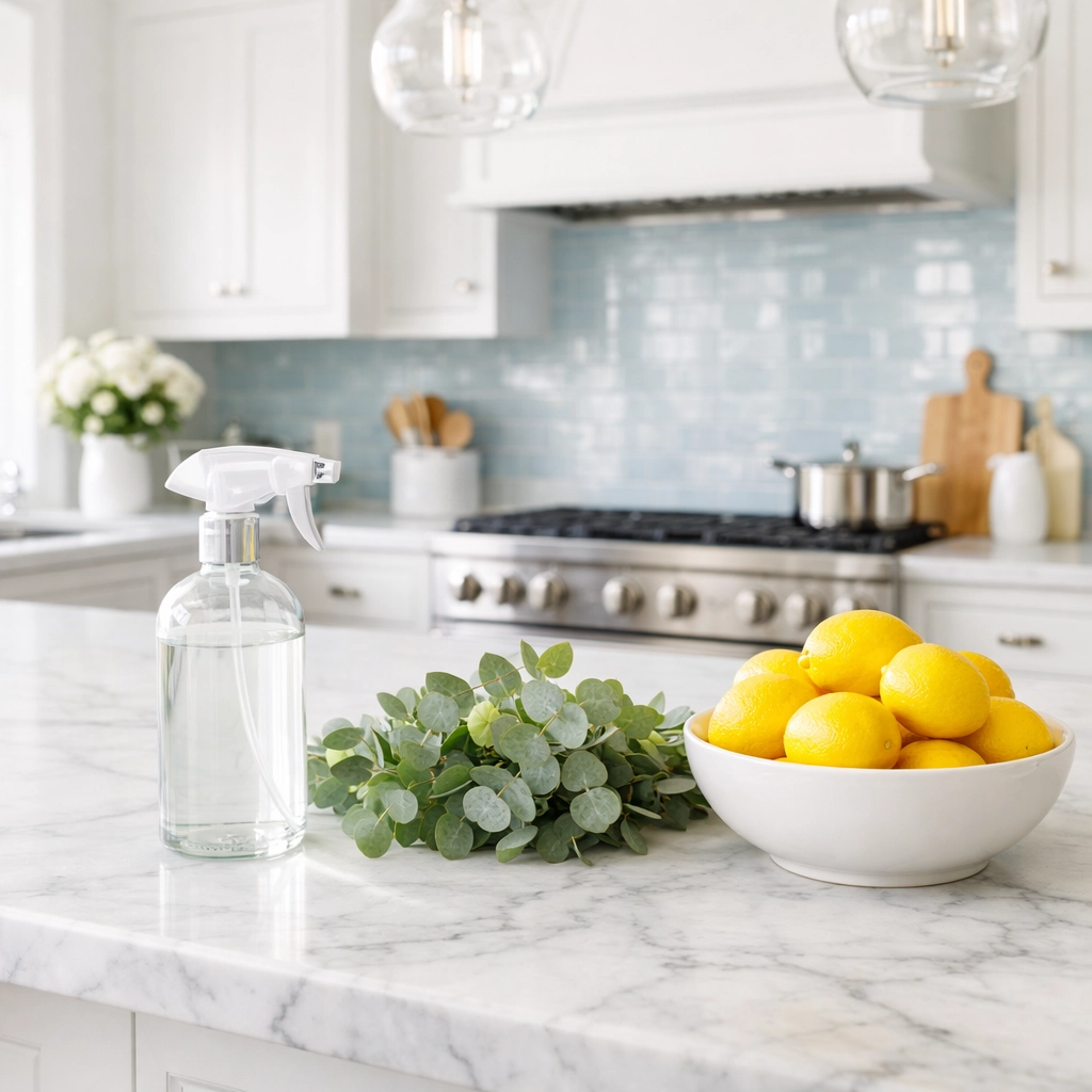 Professional eco-friendly house cleaning Newton MA using non-toxic products in a luxury kitchen.