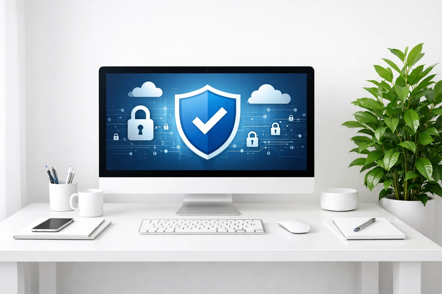 Clean workspace with desktop monitor representing secure contractor website maintenance and management