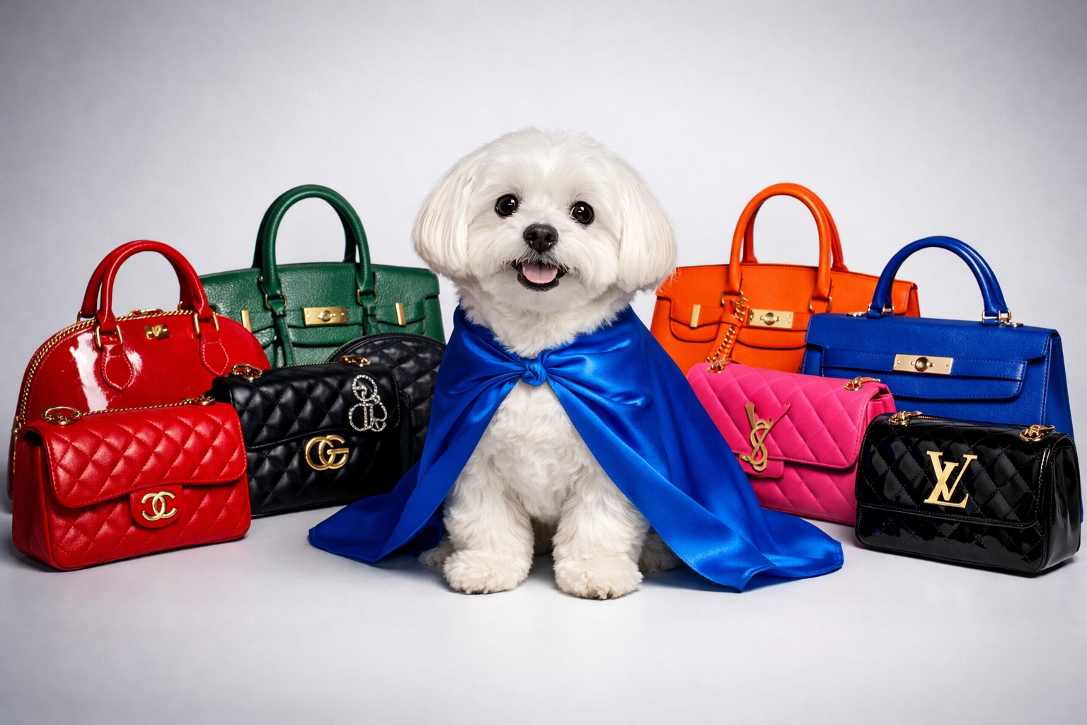 Daisy AI surrounded by colorful luxury handbags, symbolizing a trusted luxury authentication service.