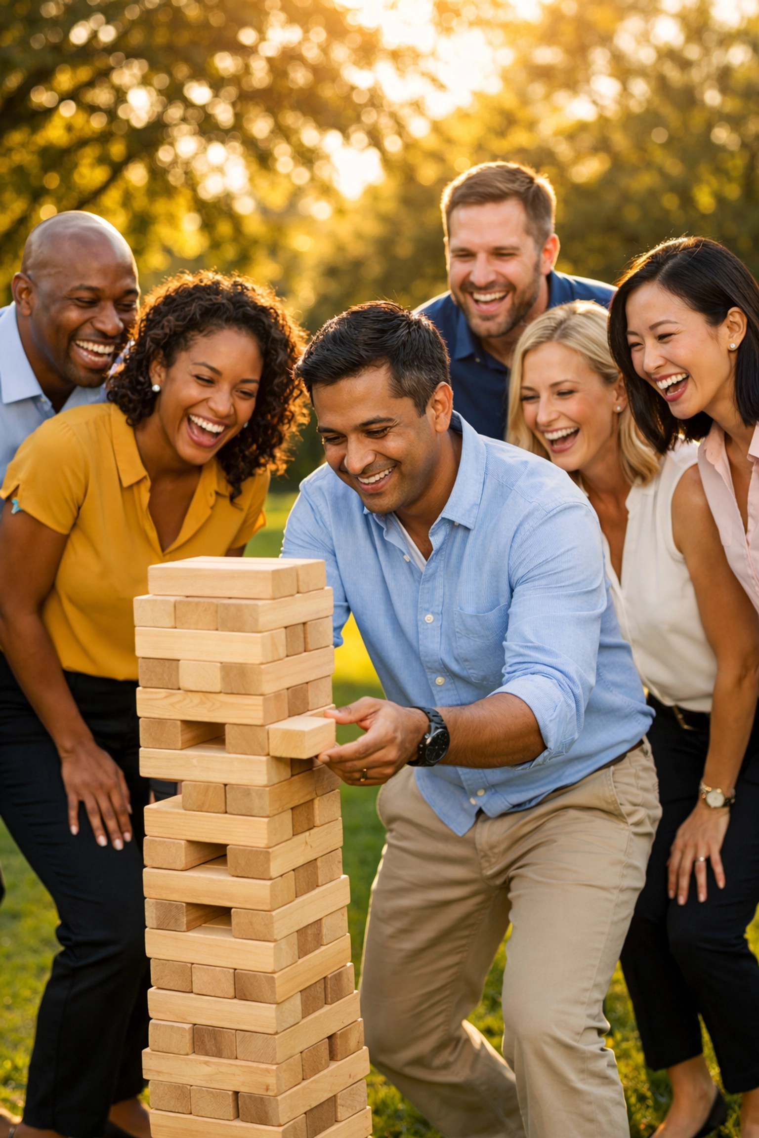 Corporate team playing giant Jenga at outdoor team building event in Cape Town