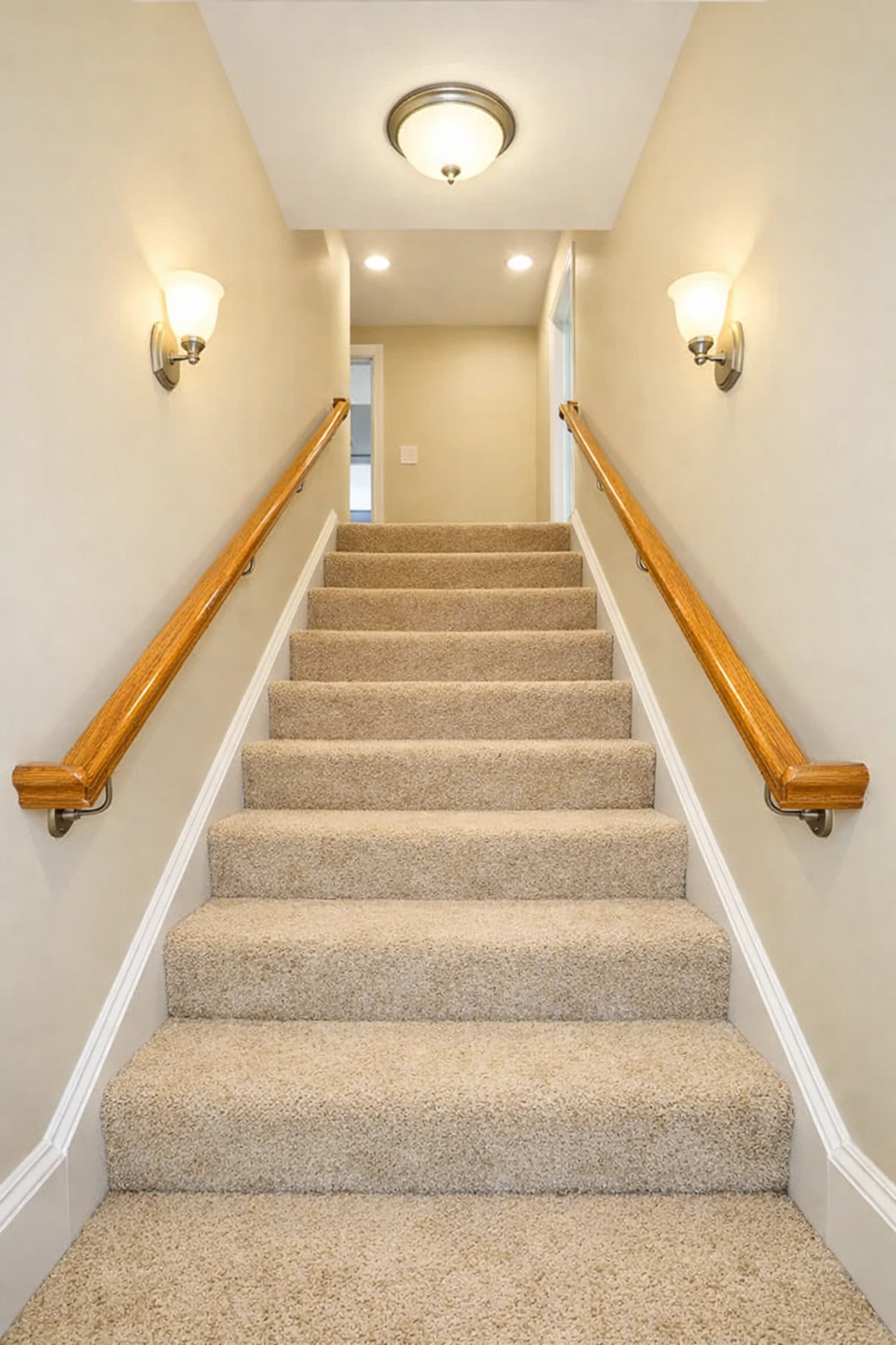 Well-lit residential staircase with handrails on both sides for optimal senior stair safety