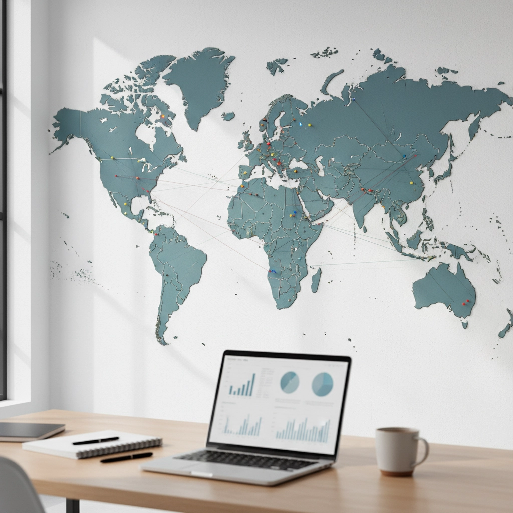 Laptop showing graphs on a desk, with a world map on the wall marked with pins. Bright room with sunlight and a coffee cup.
