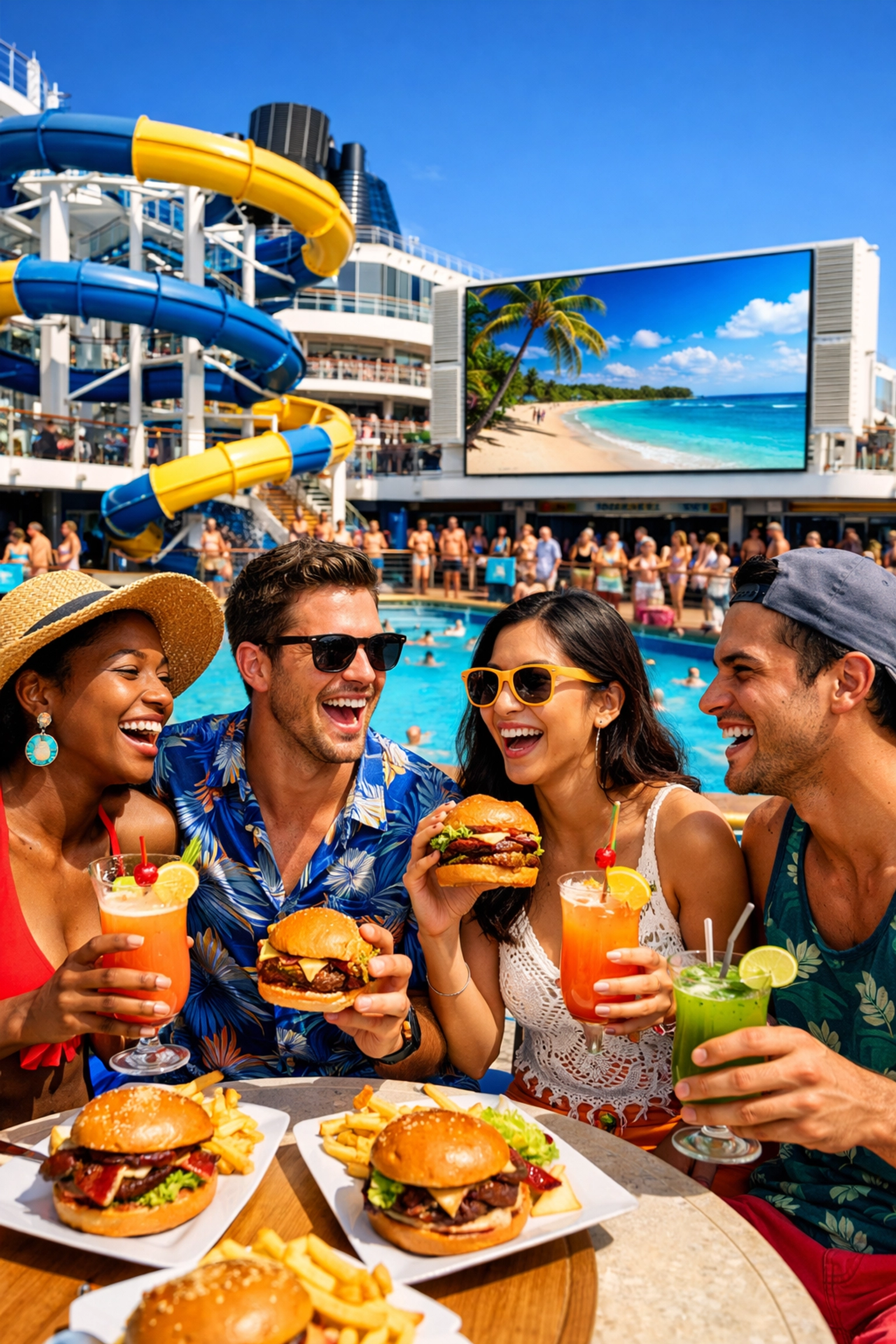 Friends enjoying a lively pool deck party and water slide on a Carnival cruise ship.