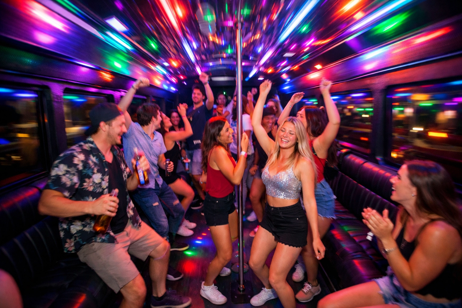 Party bus interior with guests dancing during Pittsburgh limousine birthday celebration