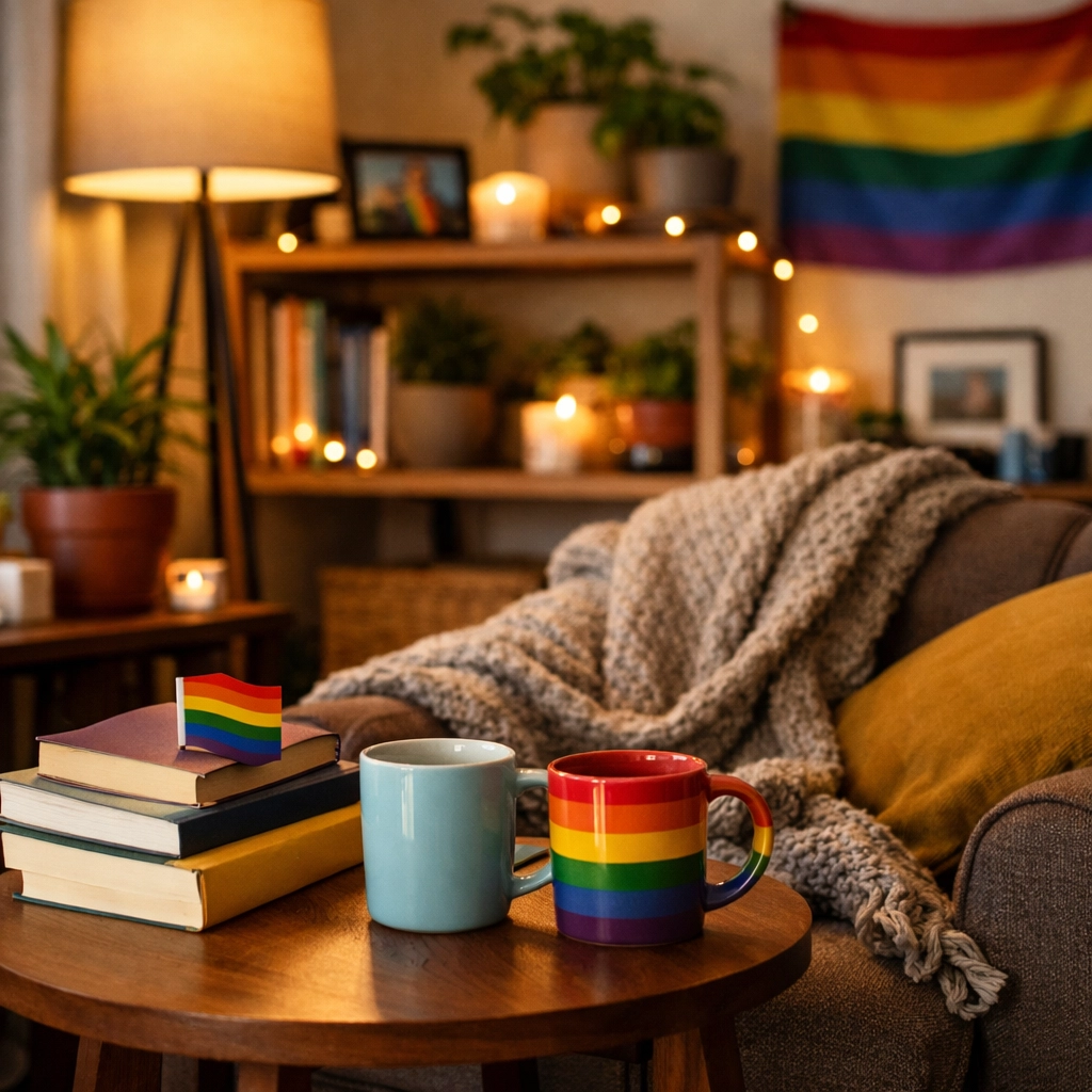 Cozy home interior of gay couple showing shared domestic life and relationship stability