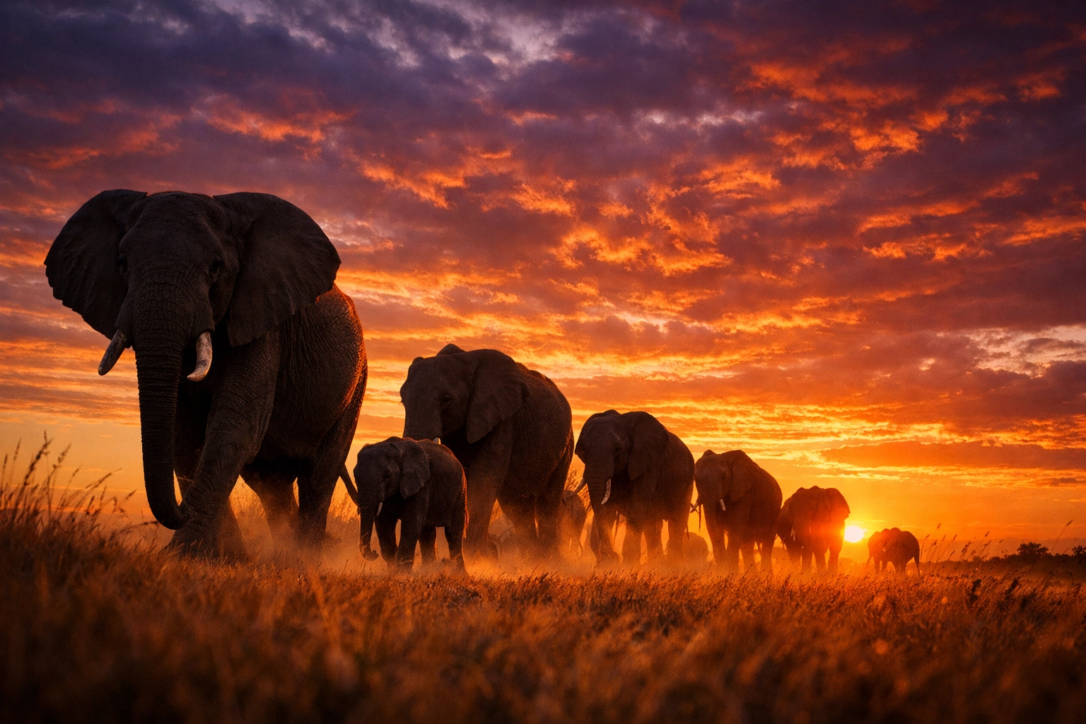 Elephant herd walking across savanna at sunset in dramatic wildlife stock photo