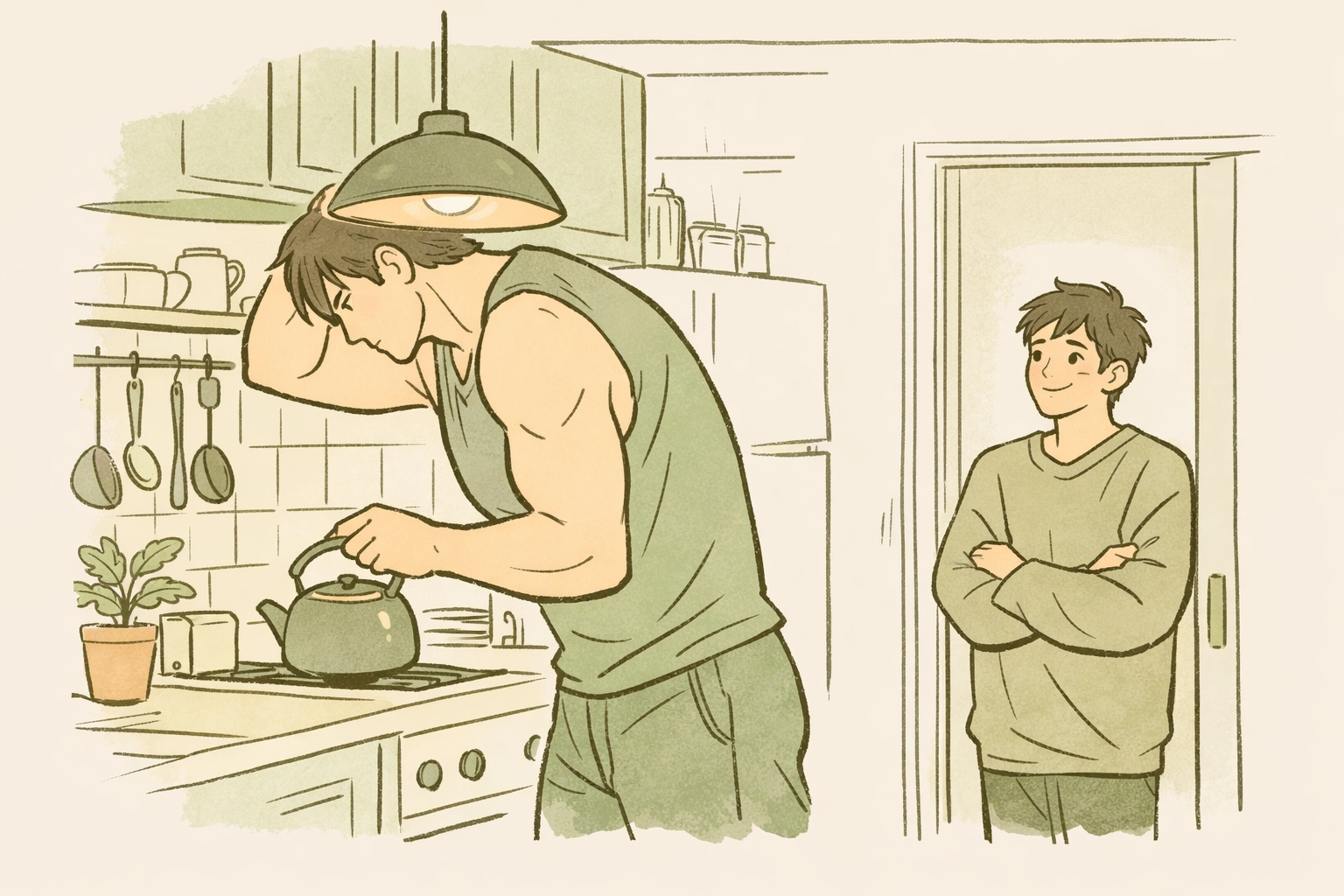 Height difference MM couple in domestic kitchen scene - size difference gay romance