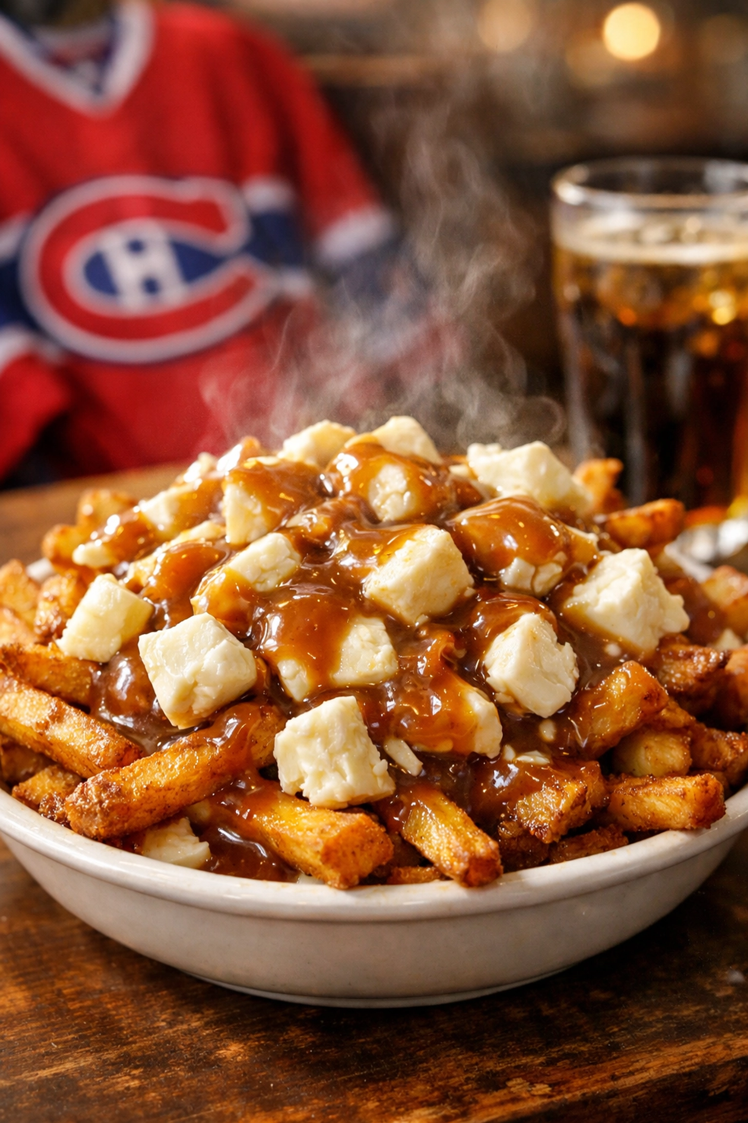 Authentic Montreal poutine with cheese curds and gravy, a classic game-day meal for Habs fans.