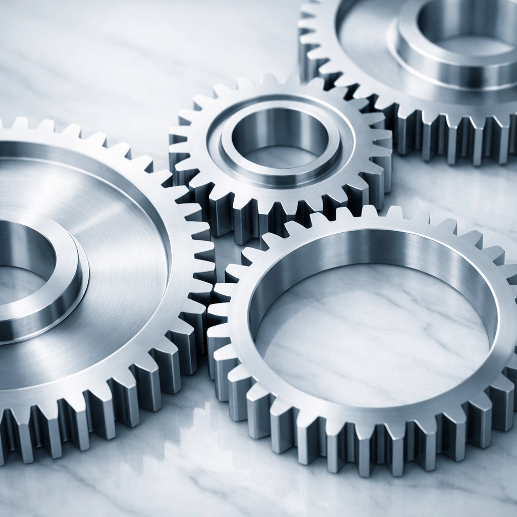 Interlocking steel gears on marble representing a systemized business machine for Birmingham owners.