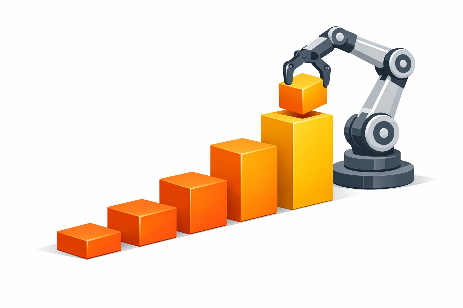 A mechanical arm building a block staircase representing a phased approach to scalable production automation.