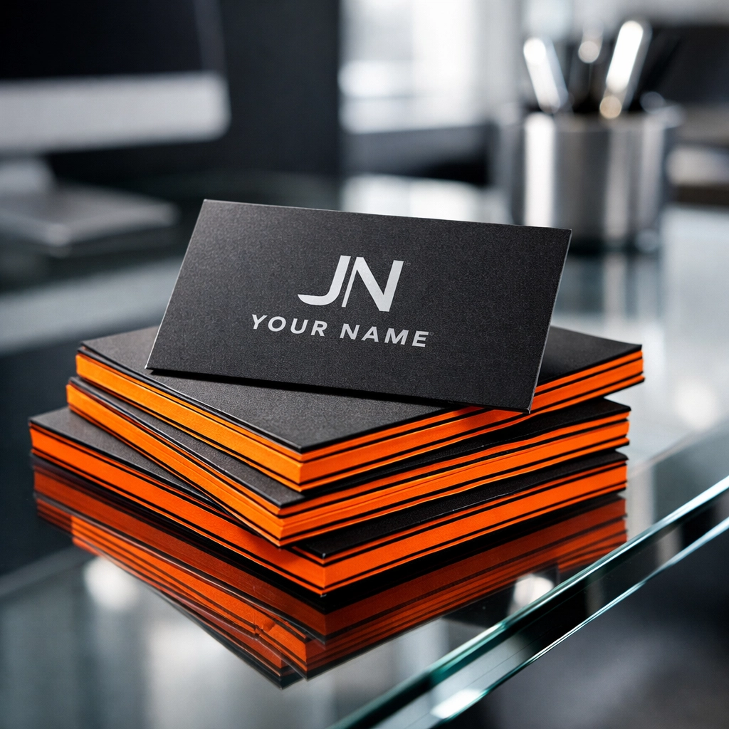 Premium thick cardstock business cards fanned out on a desk for professional DFW business networking.