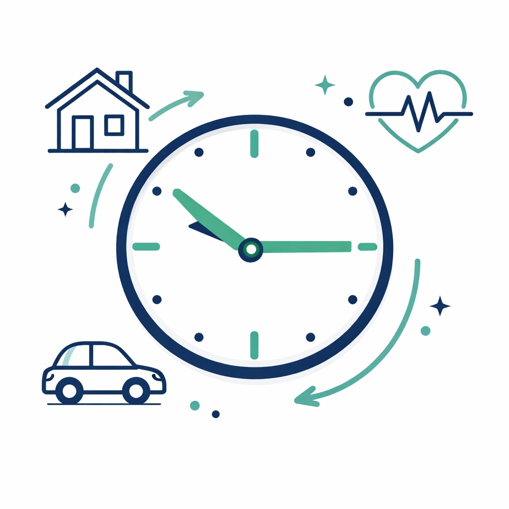 Minimalist clock icon representing flexible, round-the-clock home health care services for Houston families.