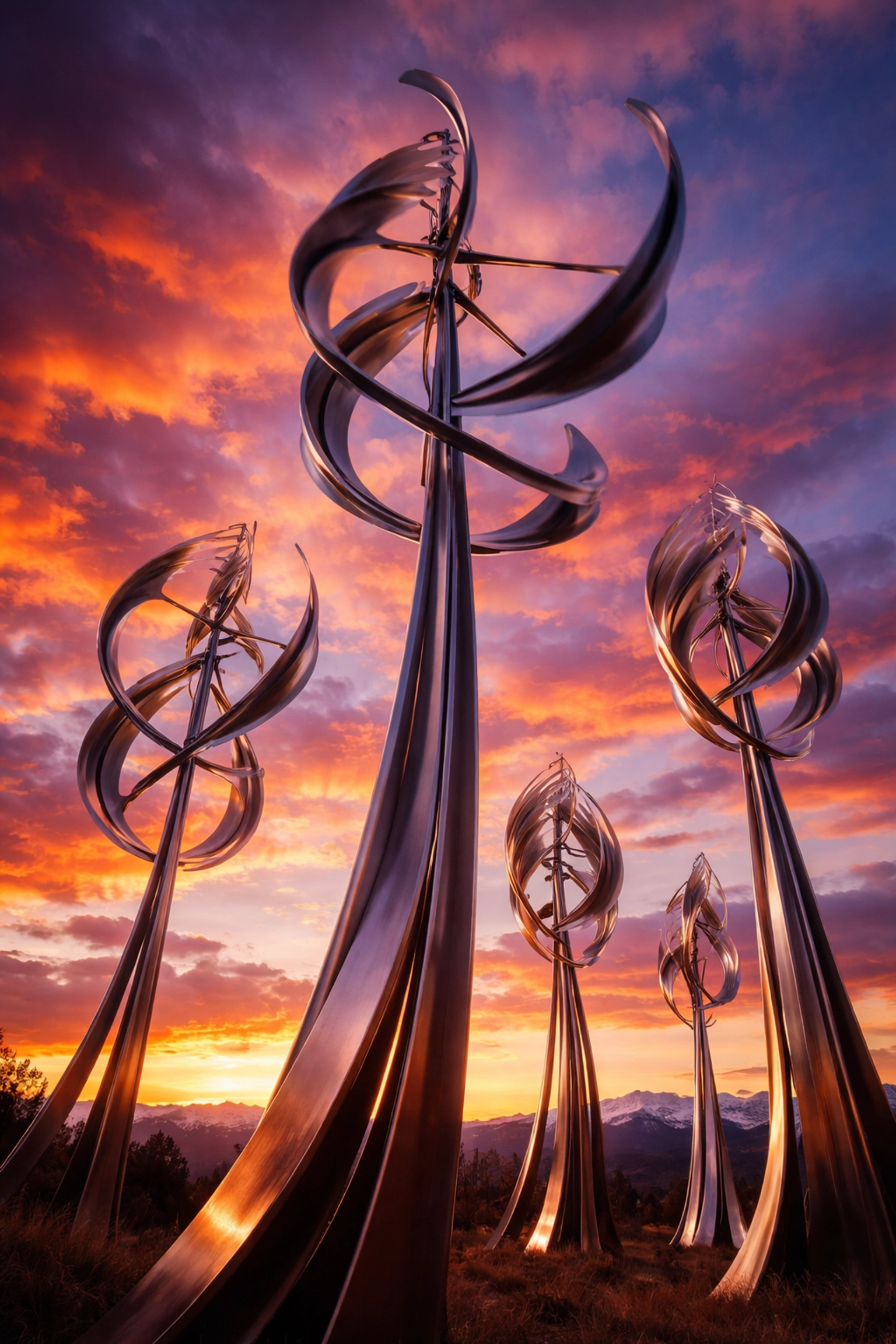 Towering kinetic metal sculptures by Starr Kempf move gracefully against a vibrant Colorado Springs sunset.