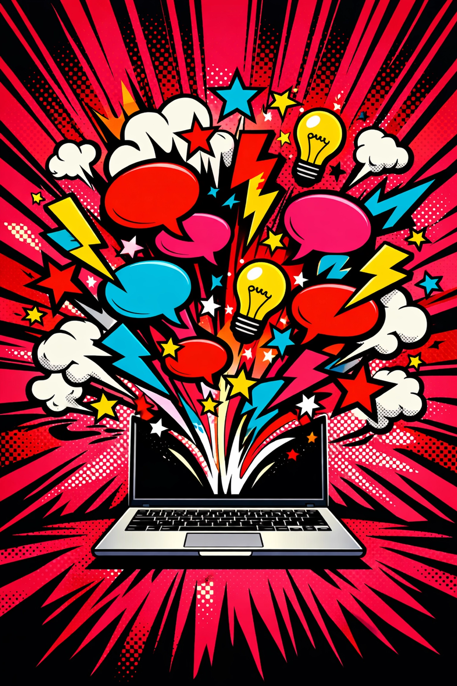 An explosion of creative marketing ideas and speech bubbles coming from an AI content generator for small business.