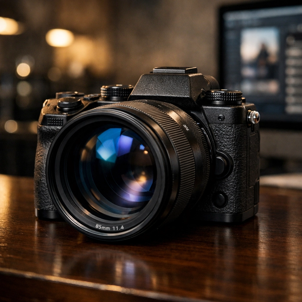 Professional mirrorless camera with an 85mm lens for high-end portrait photography techniques.