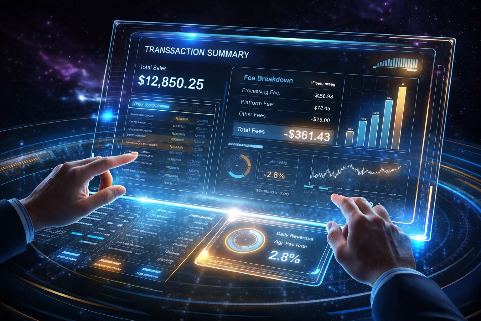 Merchant reviewing transparent transaction records and fee breakdowns on digital financial dashboard