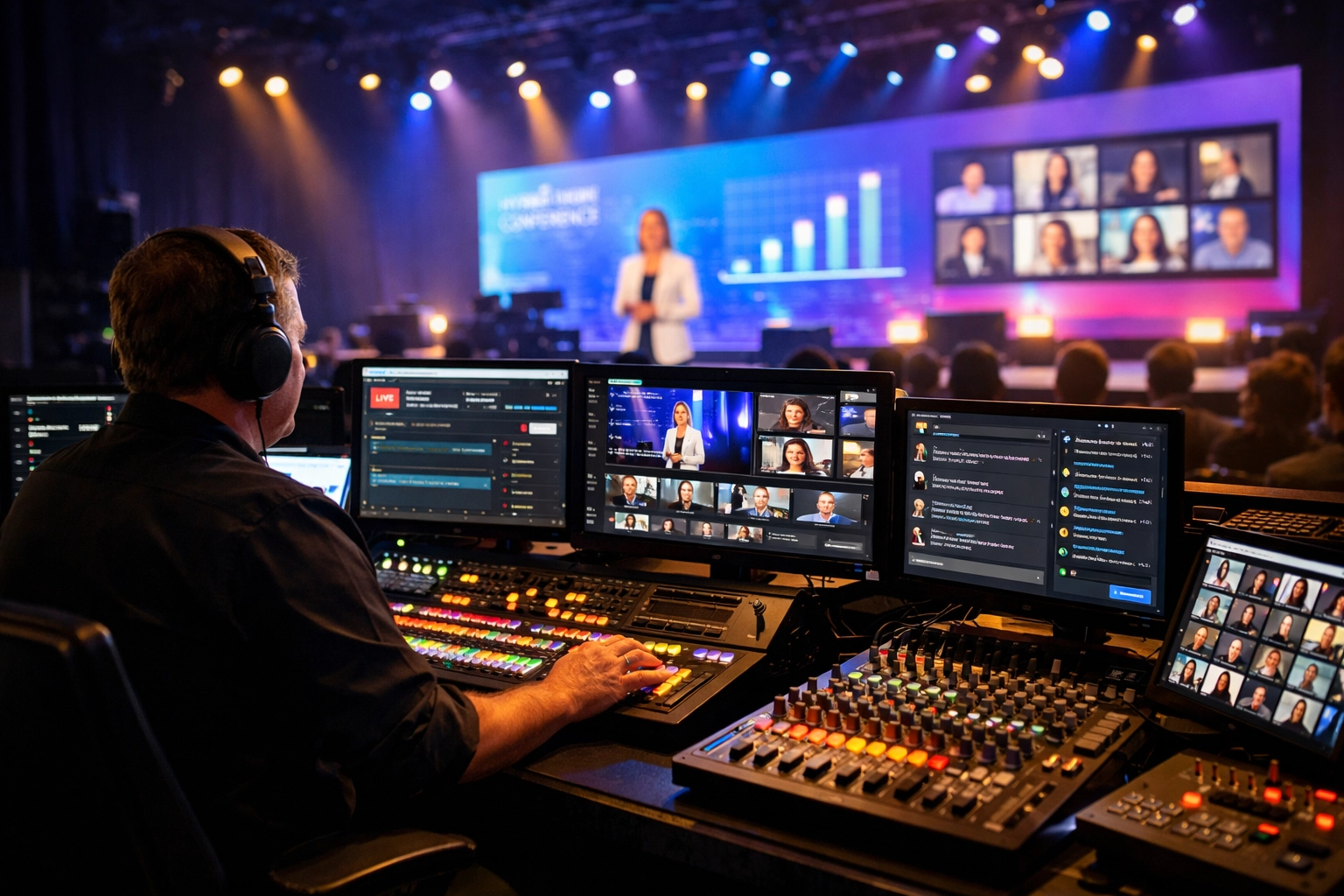 Hybrid event control room with multiple monitors managing live streaming and LED displays